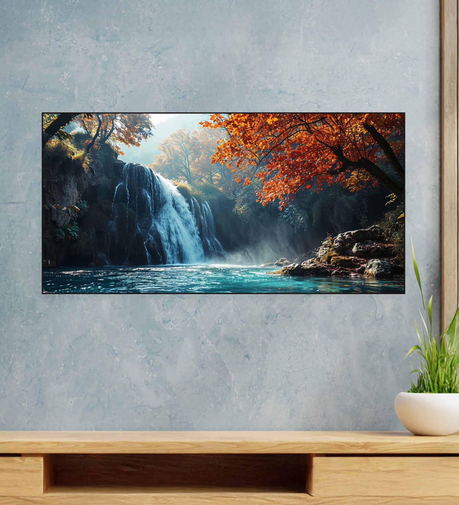 Black Canvas Framed Autumn Serenity Forest Waterfall Escape Wall Painting(12X24 Inch)