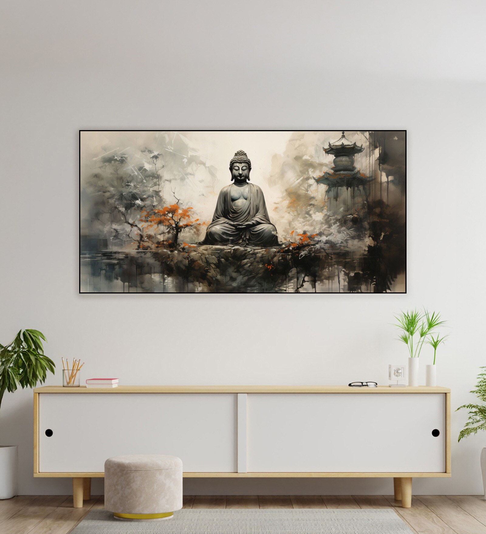 Canvas Framed Buddha in Tranquility on Rock Wall Painting