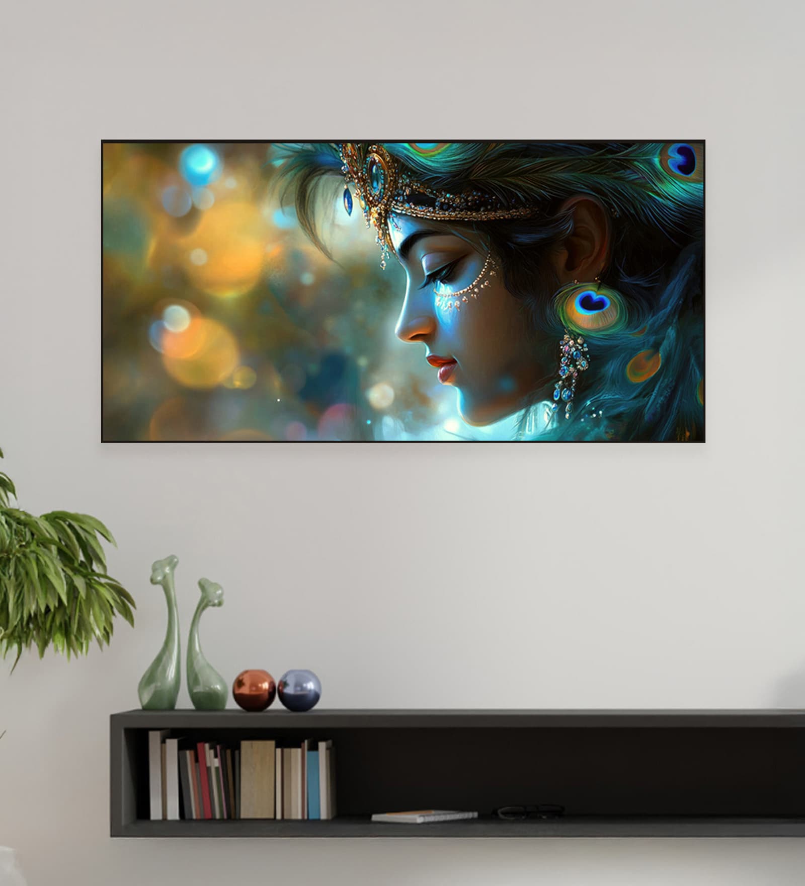 Black Canvas Framed Divine Krishna: Essence of Love Wall Painting(24X48 Inch)
