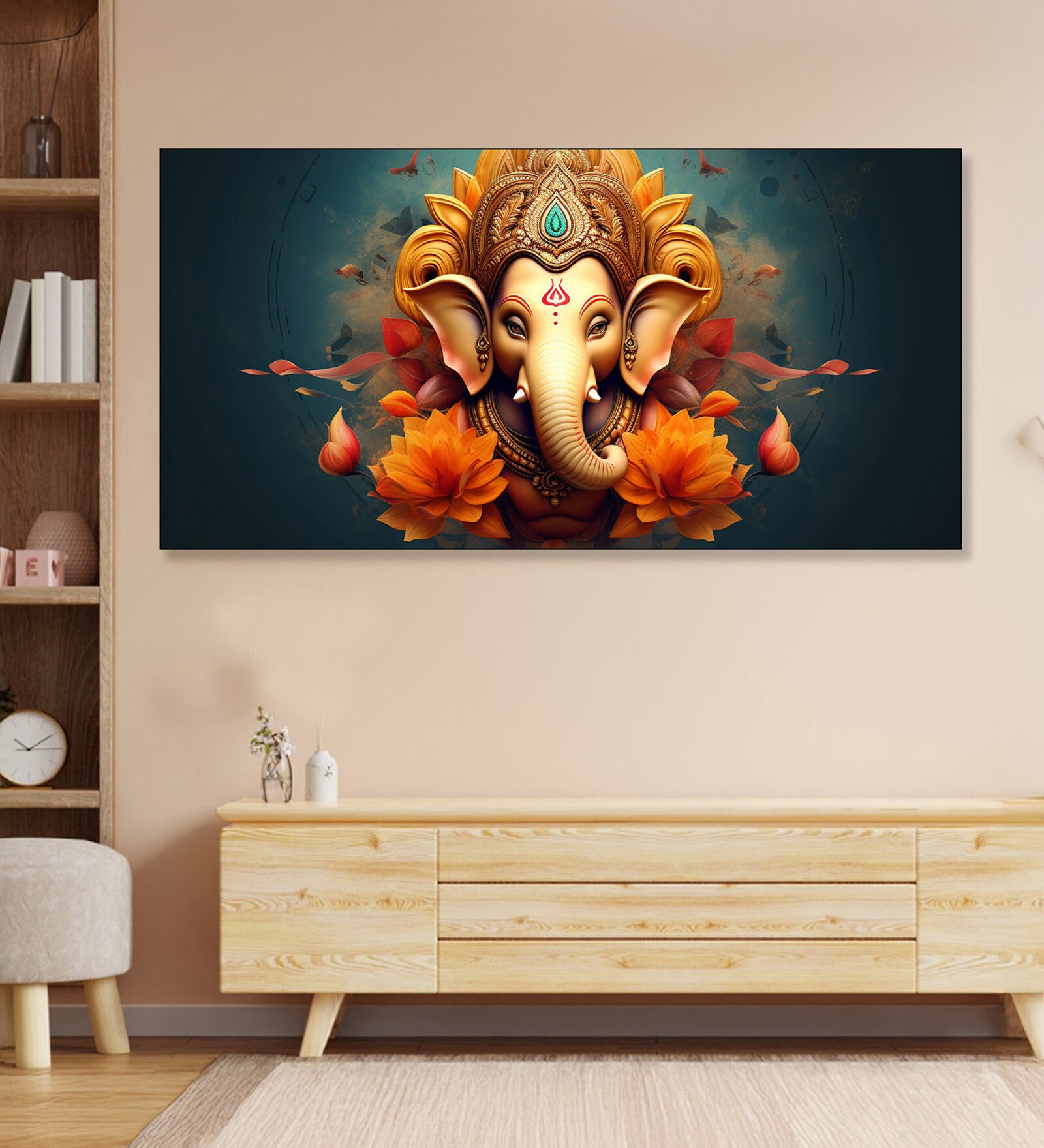 Black Canvas Framed Divine Lord Ganesa in oral aesthetic Wall Painting