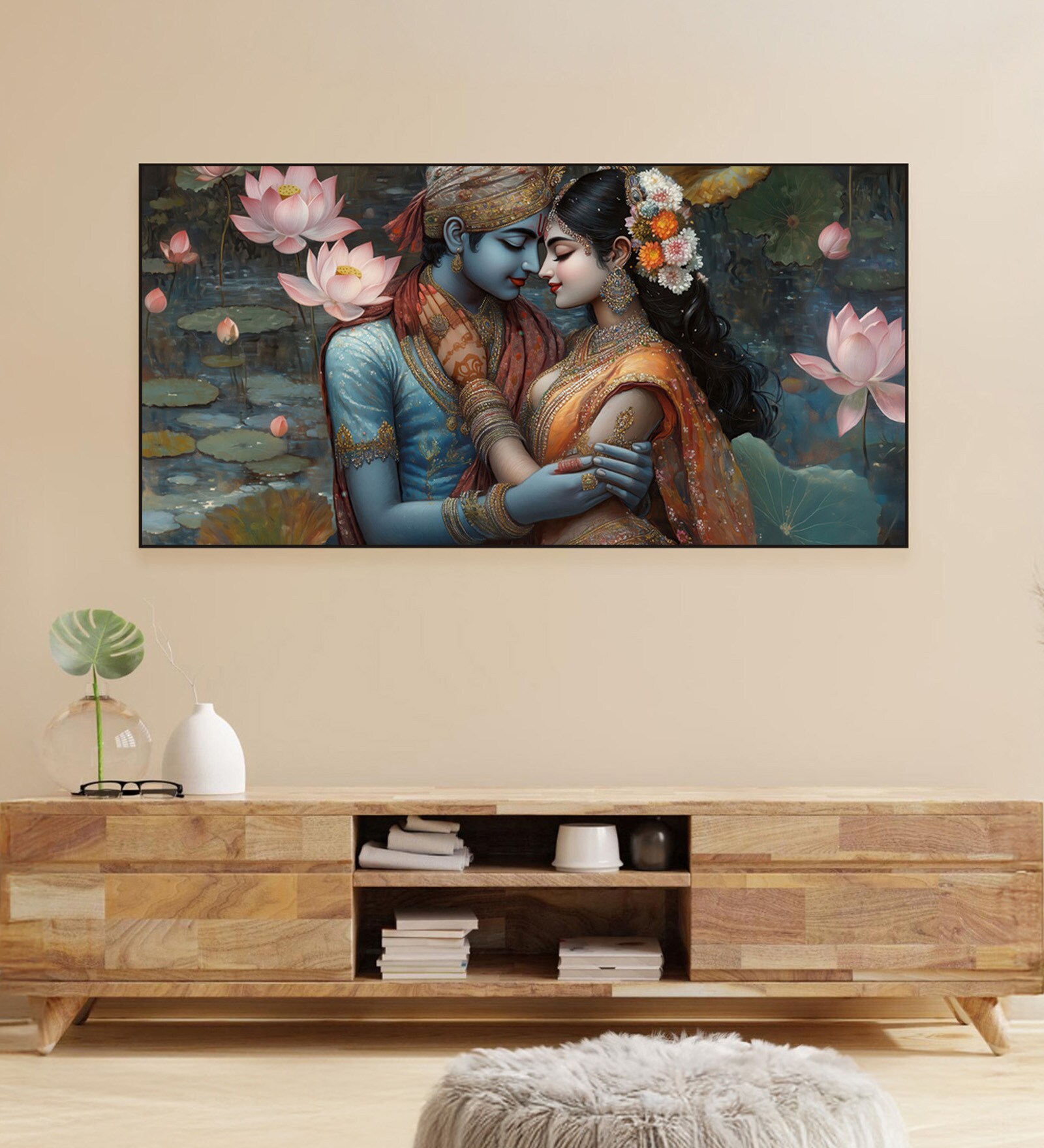 Black Canvas Framed Eternal Love of Krishna and Radha Wall Painting(12X24 Inch)