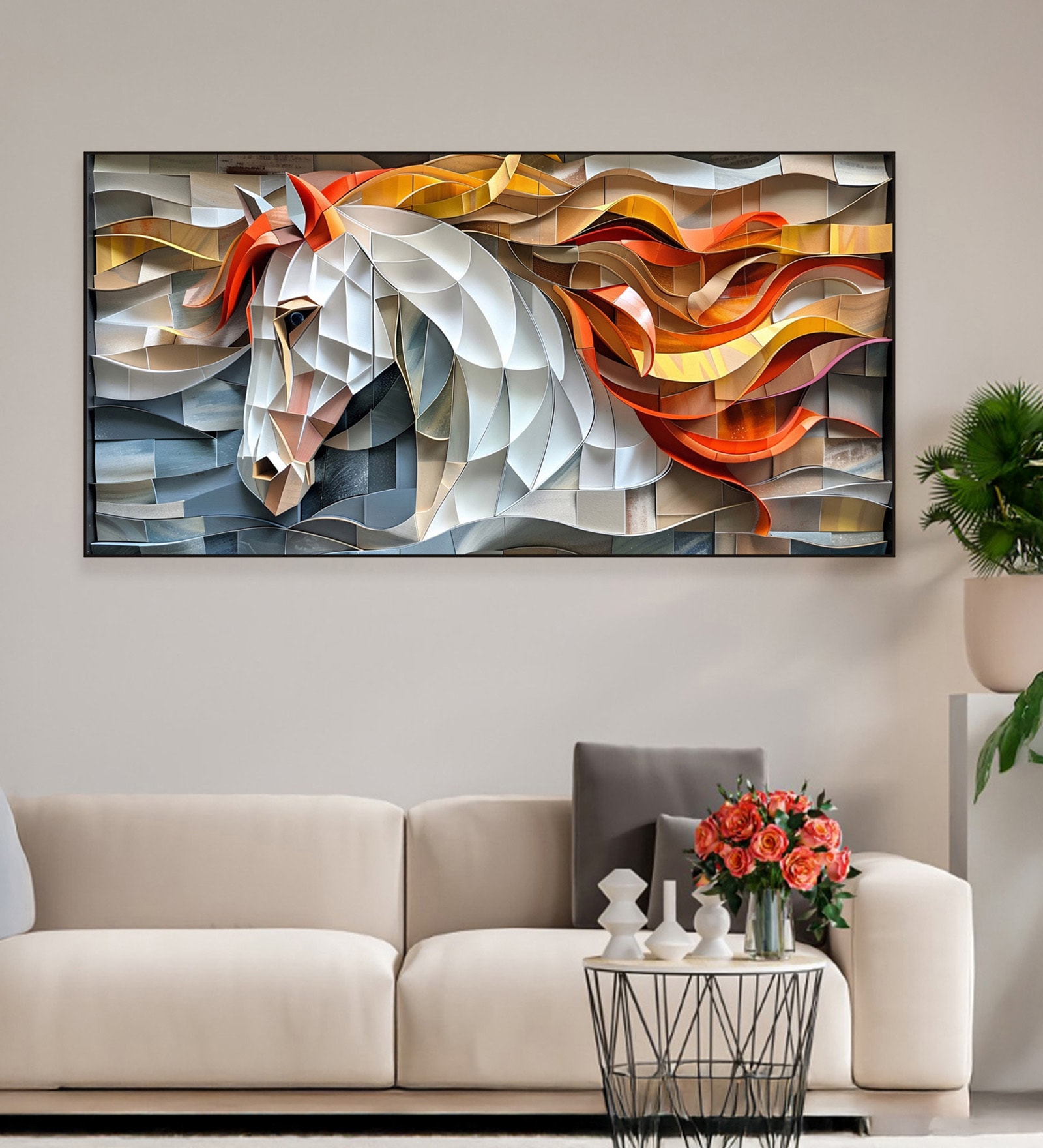 Black Canvas Framed Exquisite White Horse with Mane Wall Painting(24X48 Inch)
