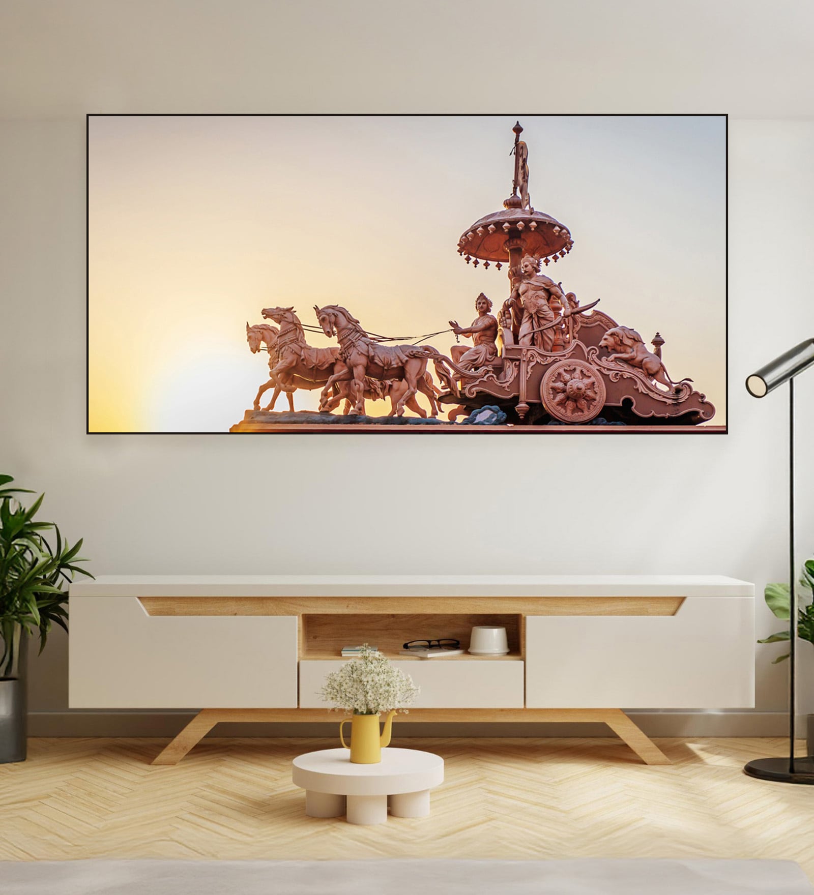 Black Canvas Framed Krishna and Arjuna's Divine Journey Wall Painting(12X24 Inch)