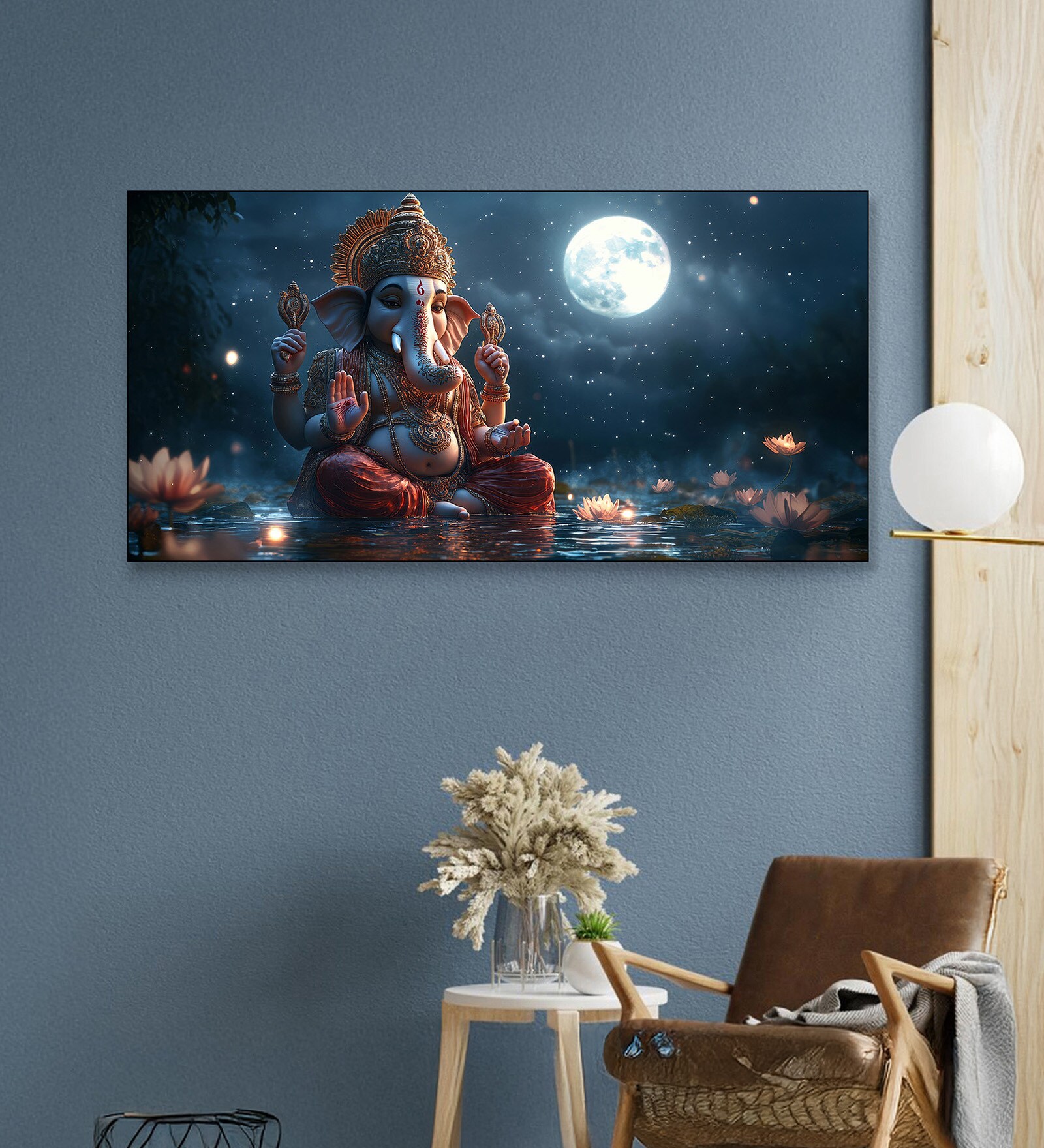 Black Canvas Framed Lord Ganesha in Divine Moon Wall Painting