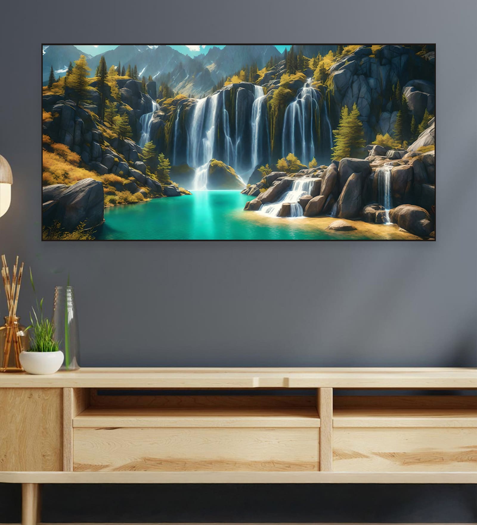 Black Canvas Framed Lush Green Waterfall in Forest Wall Painting(12X24 Inch)