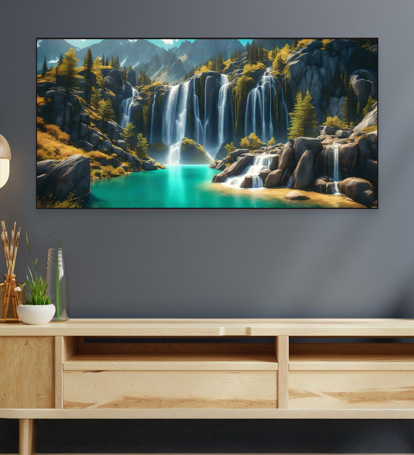 Black Canvas Framed Lush Green Waterfall in Forest Wall Painting(24X48 Inch)