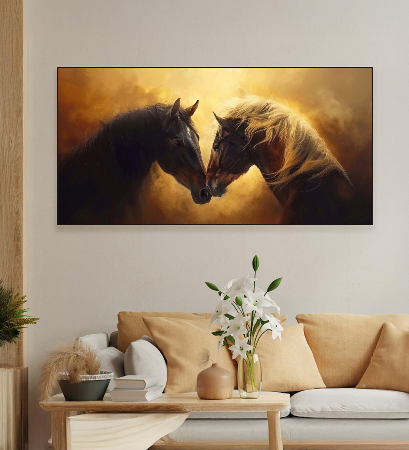 Black Canvas Framed Majestic Equine Encounter in Art Wall Painting(18X36 Inch)