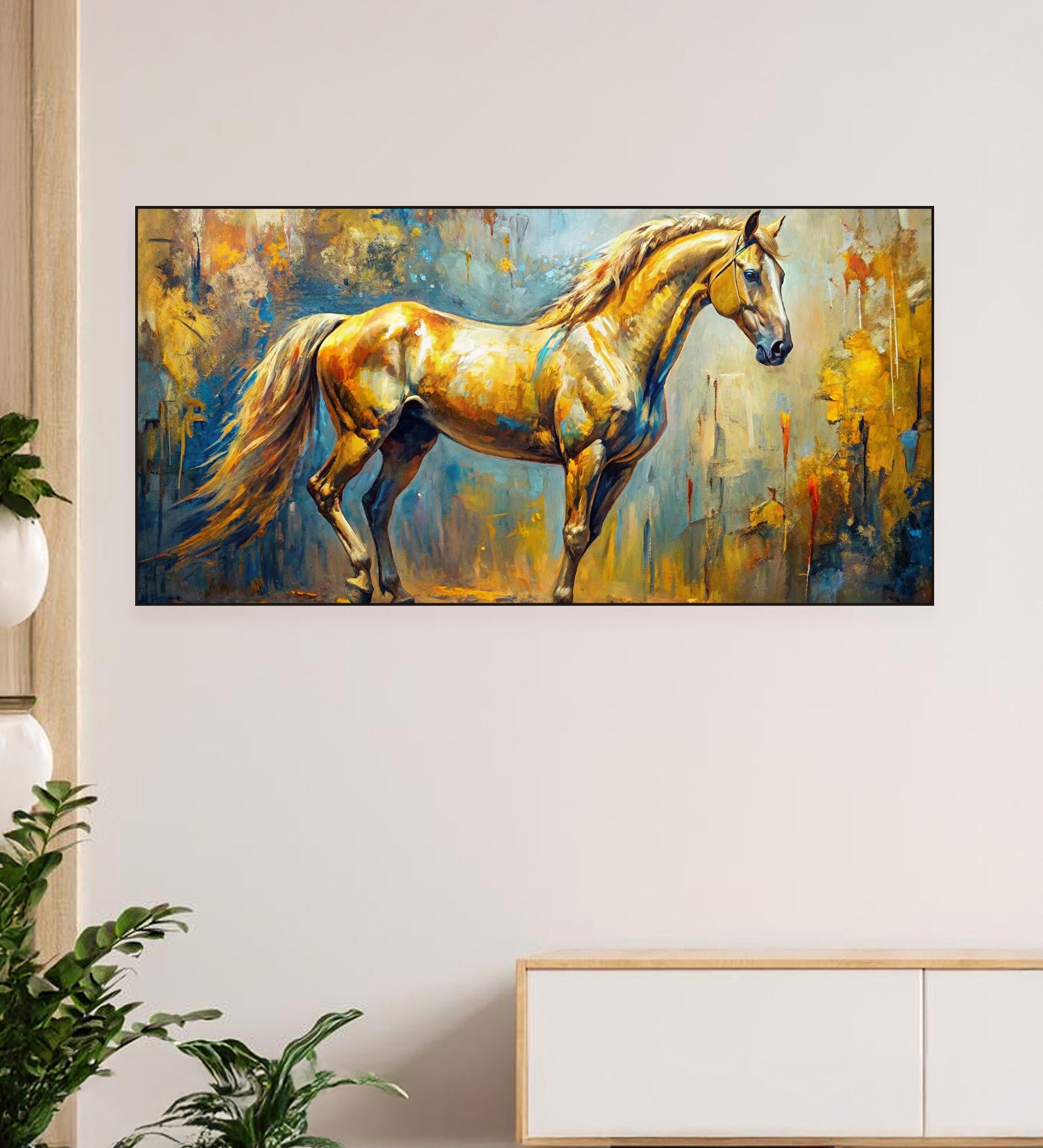 Black Canvas Framed Majestic Equine Serenity in Nature Wall Painting(12X24 Inch)