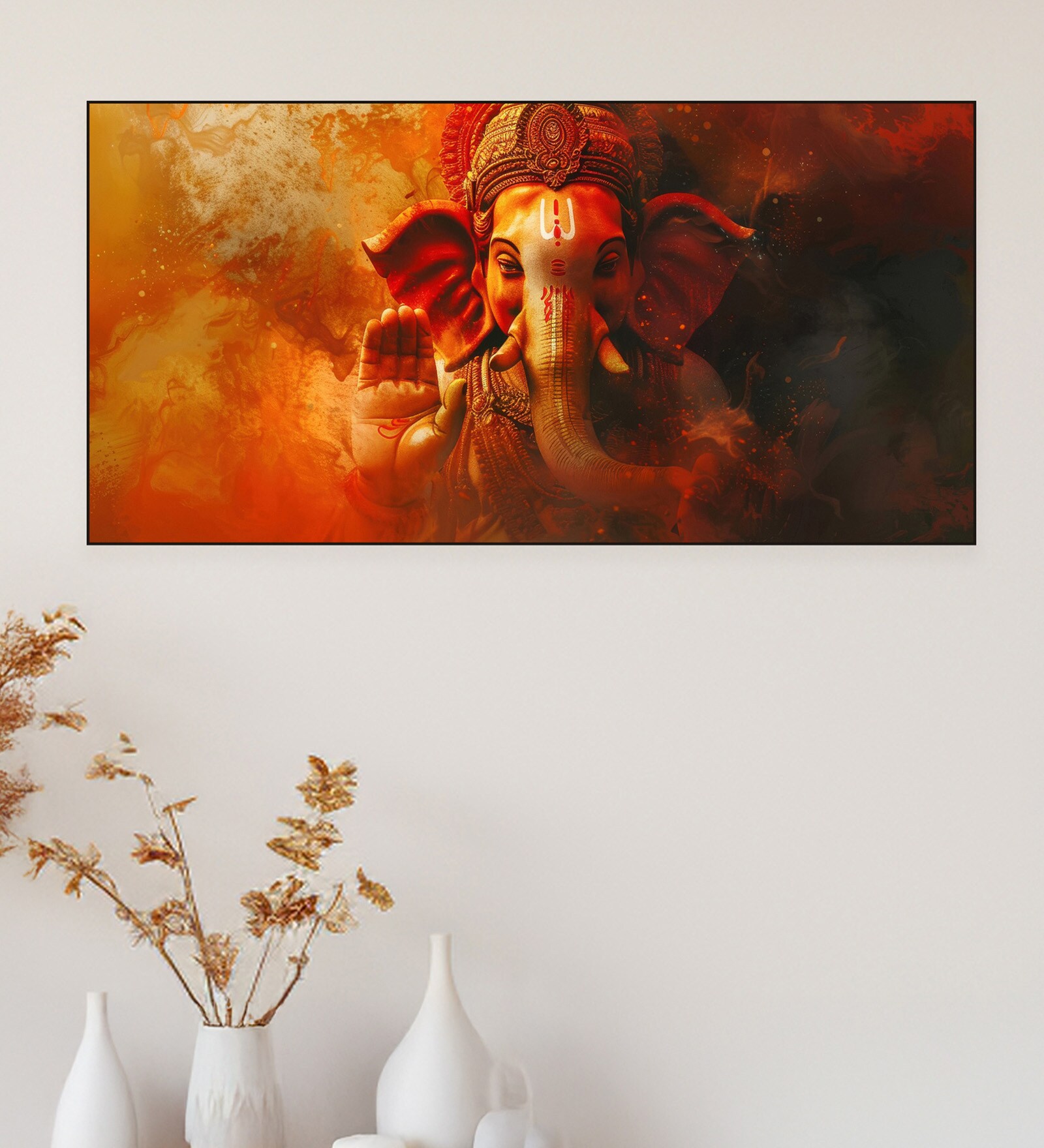 Black Canvas Framed Majestic Ganesha on Orange Canvas Wall Painting(18X36 Inch)