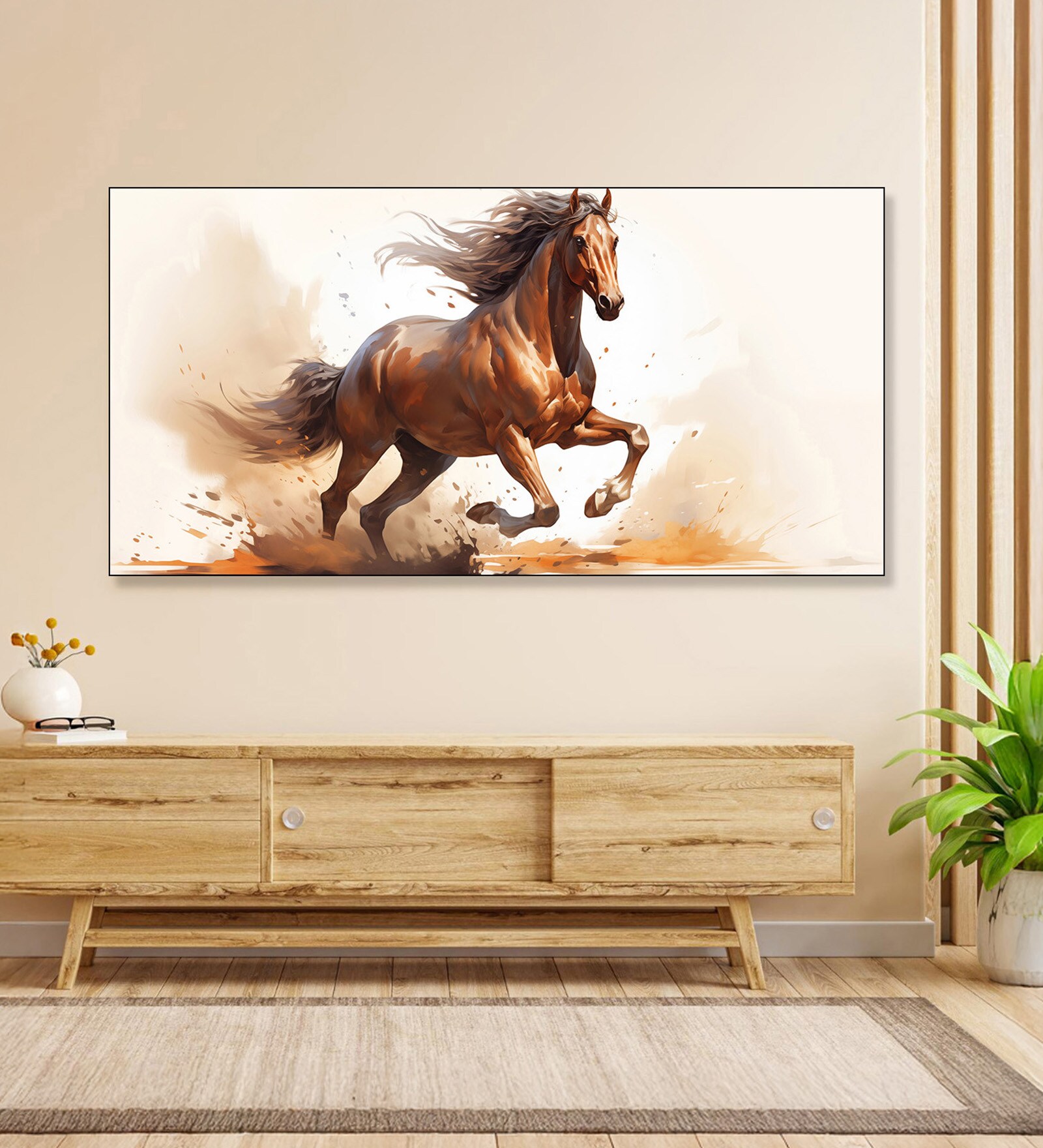 Black Canvas Framed Majestic Horse Galloping Through Dust Wall Painting(24X48 Inch)