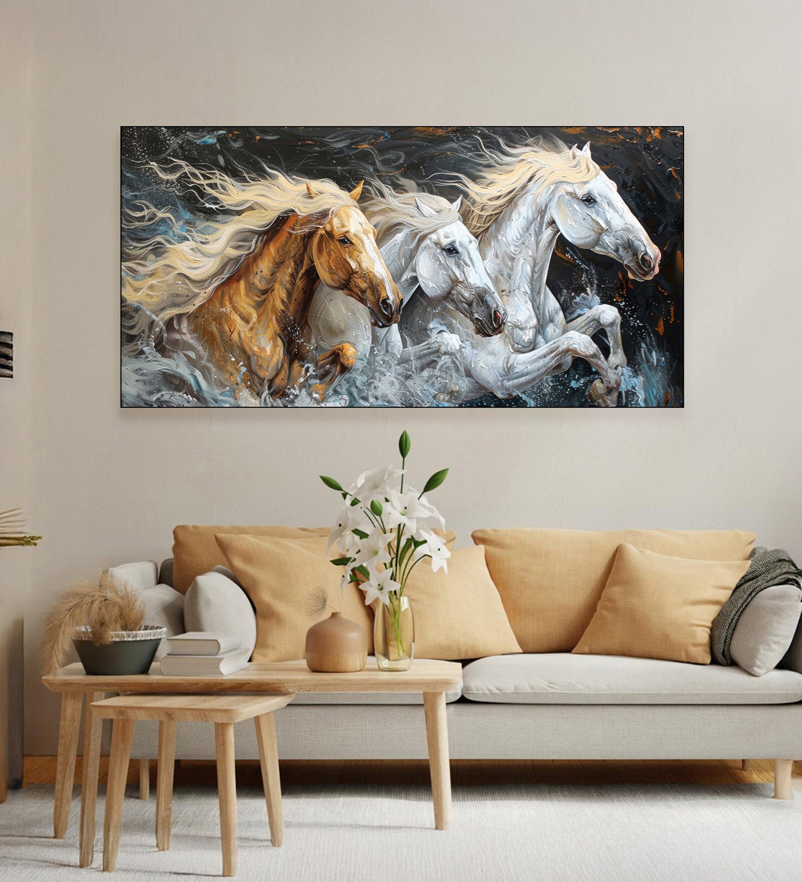 Black Canvas Framed Majestic Horses Galloping Through Meadow Wall Painting(24X48 Inch)