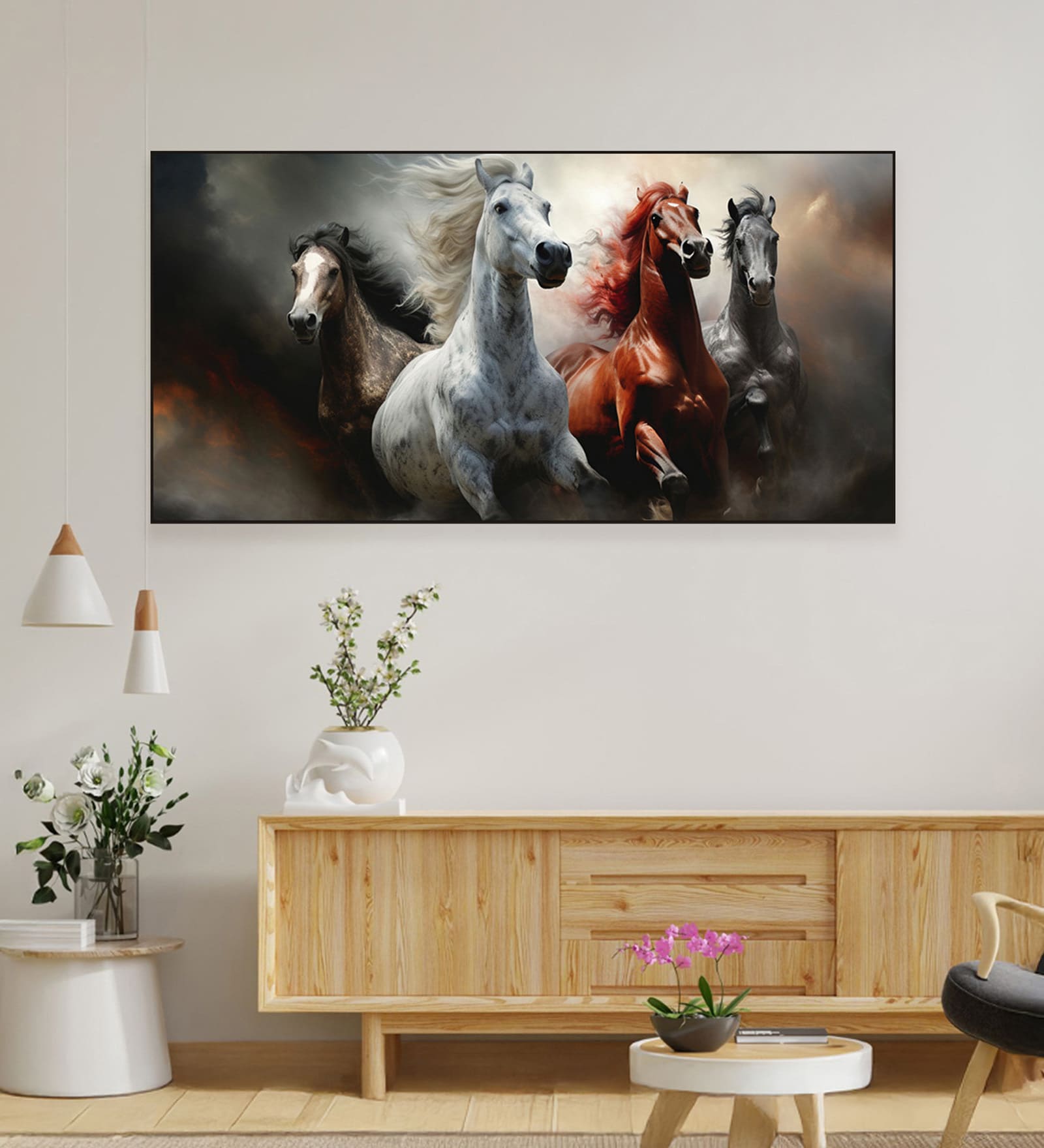 Black Canvas Framed Majestic Horses in Dramatic Flight Wall Painting(12X24 Inch)