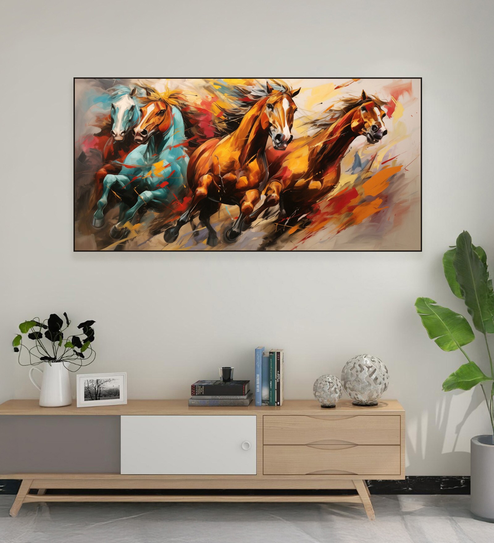 Black Canvas Framed Majestic Horses in Ethereal Flight Wall Painting(12X24 Inch)