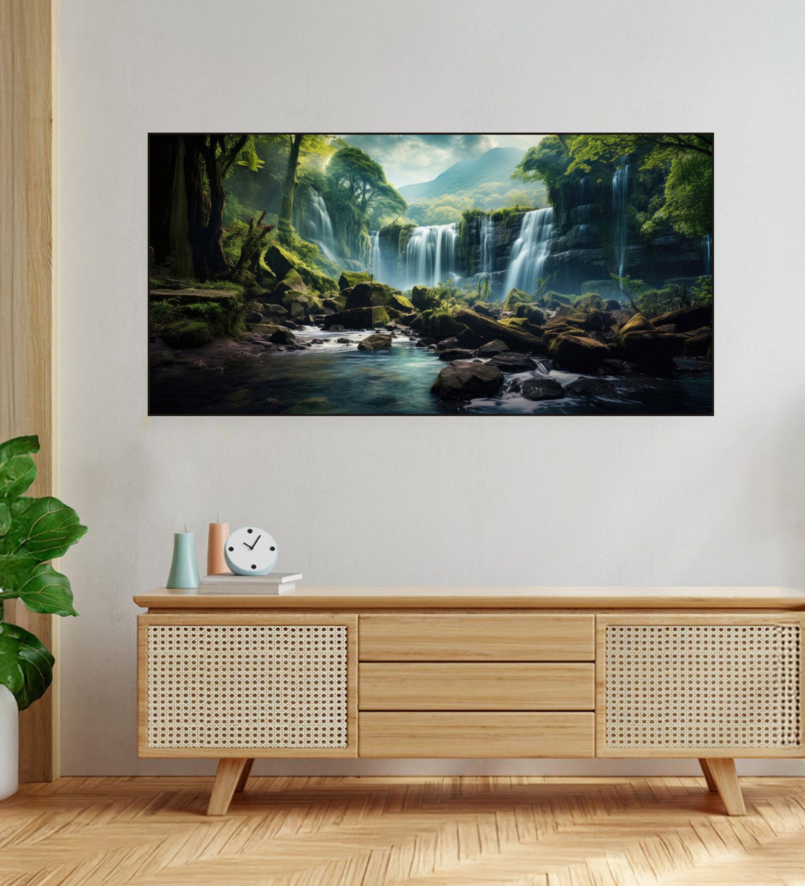 Black Canvas Framed Serene Forest wild Waterfall Wall Painting(18X36 Inch)