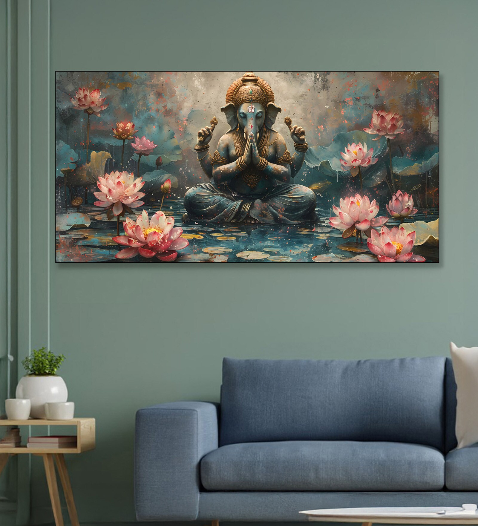 Black Canvas Framed Serene Ganehsa on Nature Harmony Wall Painting
