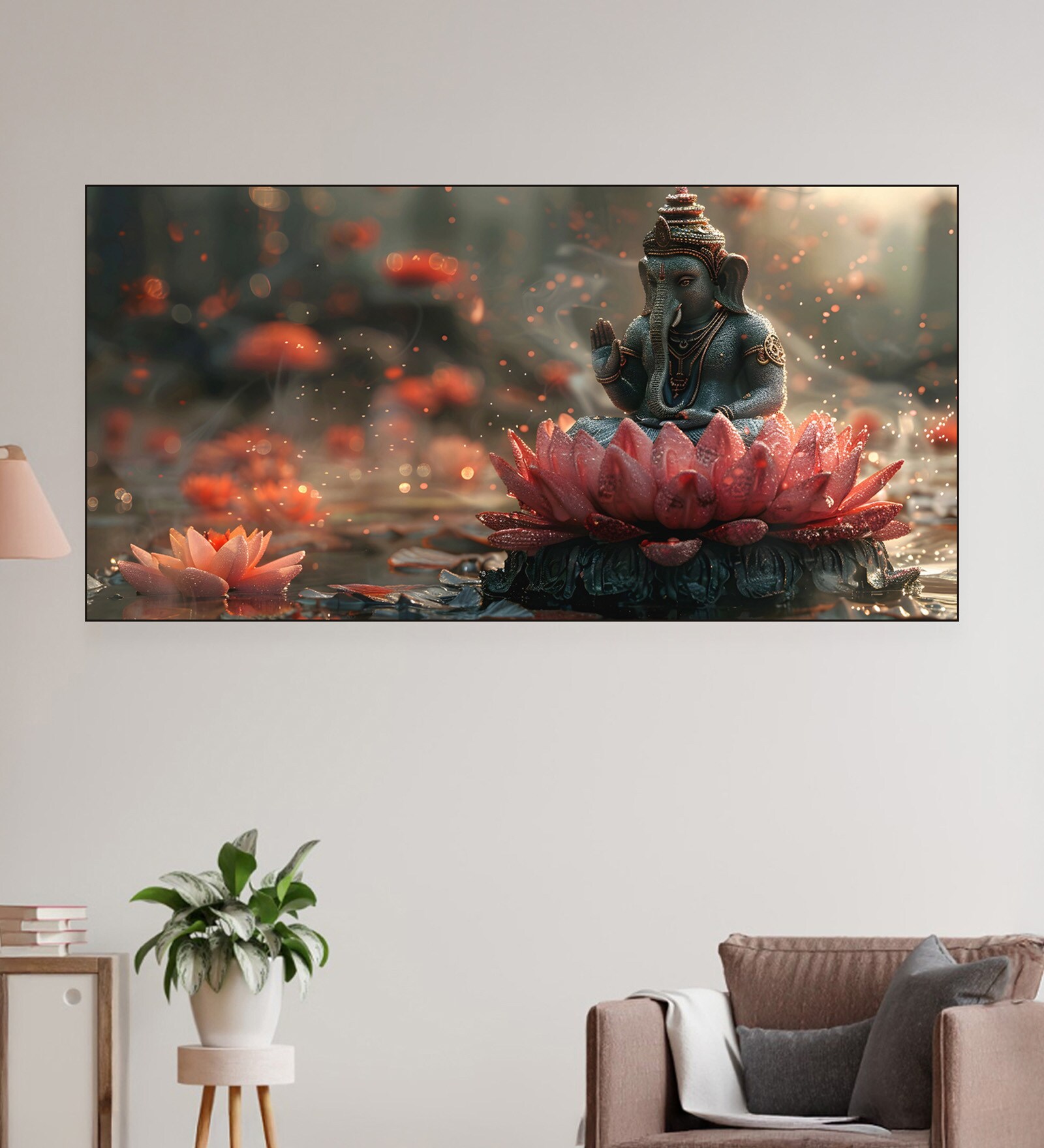 Black Canvas Framed Serene Ganesha on Lotus Blossom Wall Painting