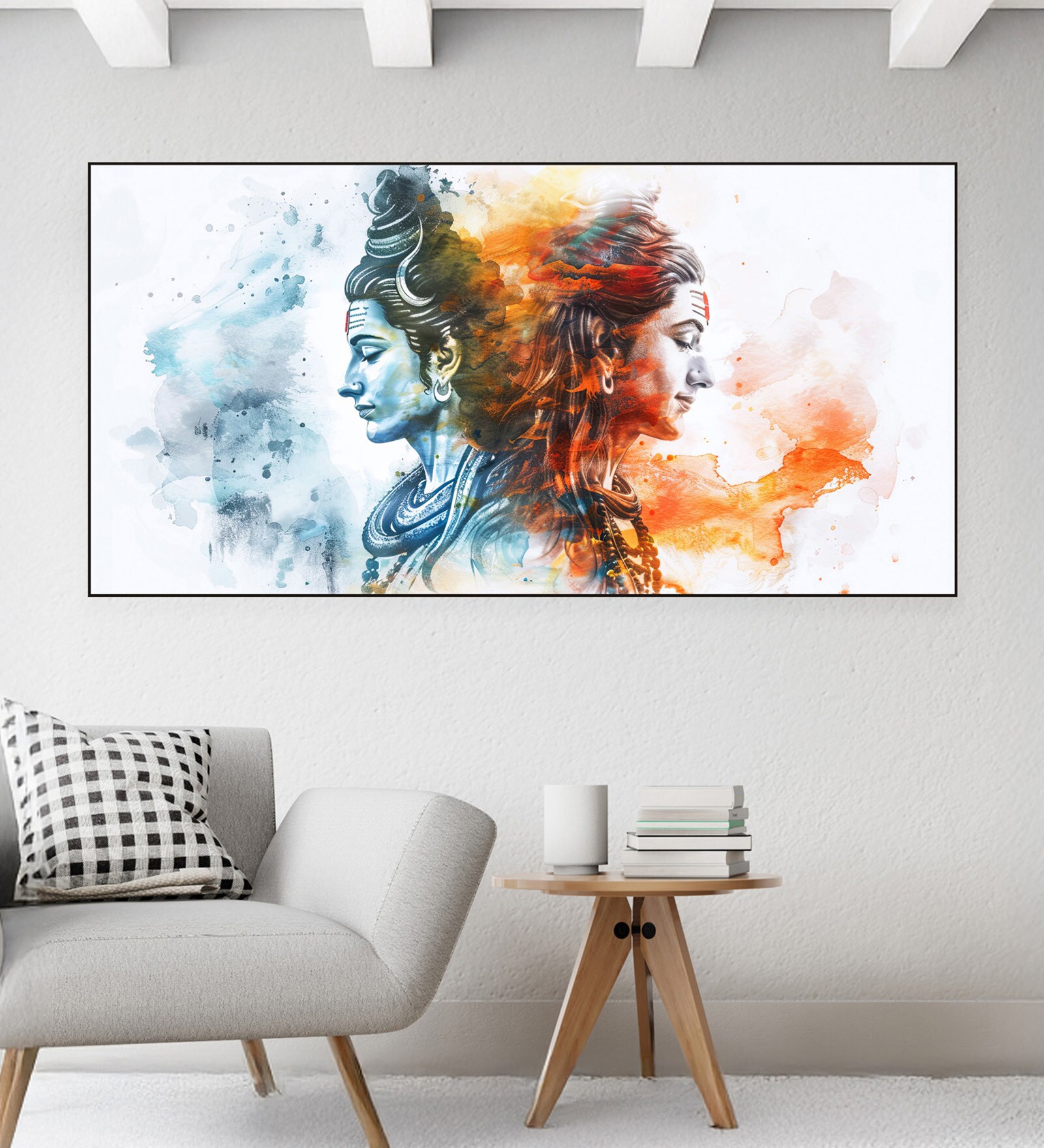 Black Canvas Framed Shiva's Colorful Duality Wall Painting(24X48 Inch)