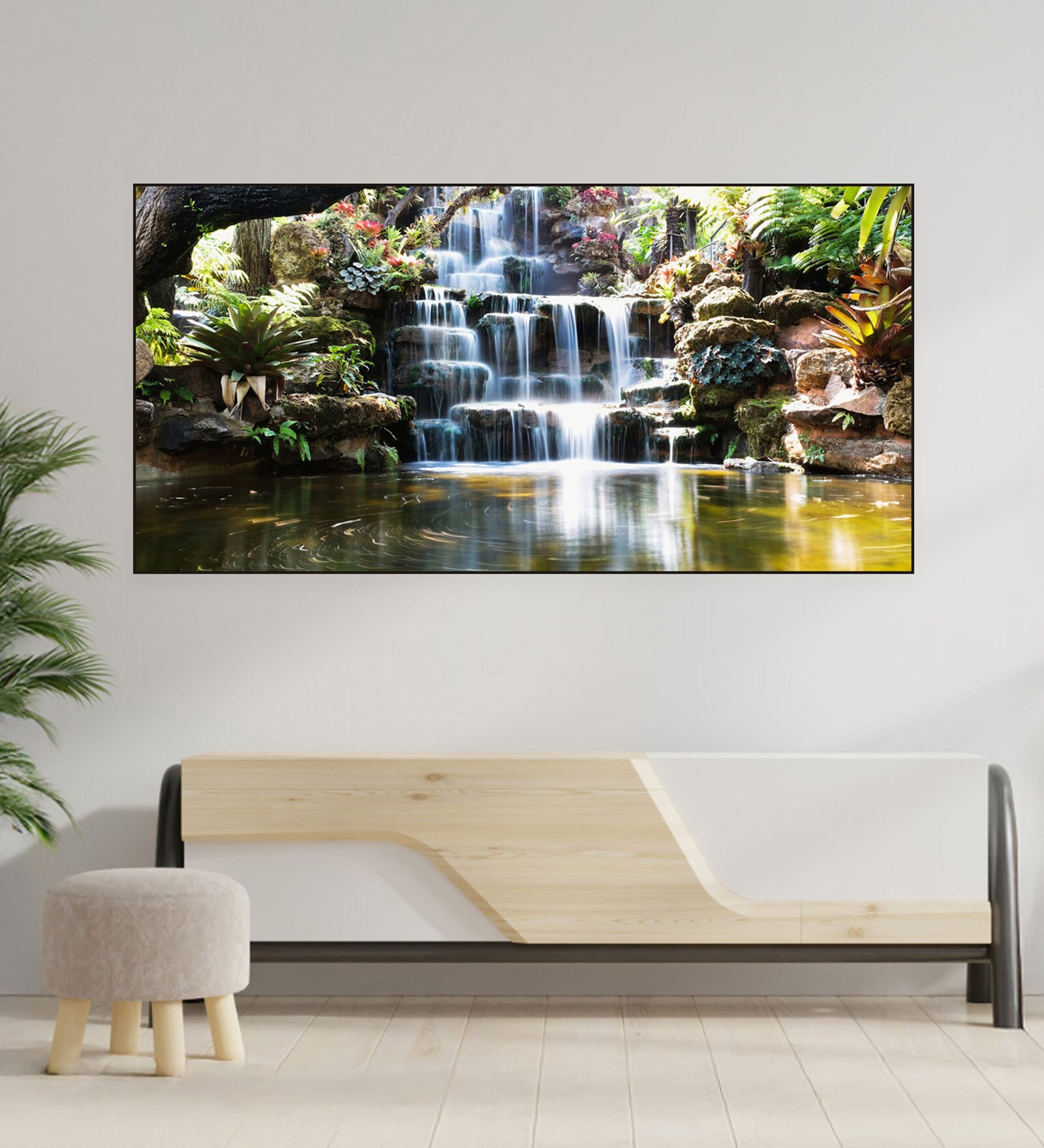 Black Canvas Framed Tropical Oasis Waterfall Escape Wall Painting(18X36 Inch)