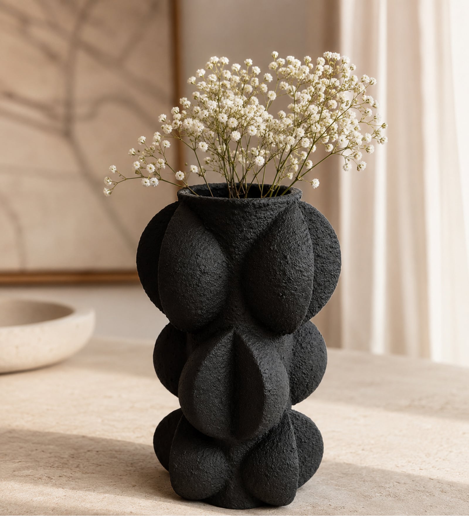Black Charcoal Modern Textured Polyresin Sculptural Flower Vase