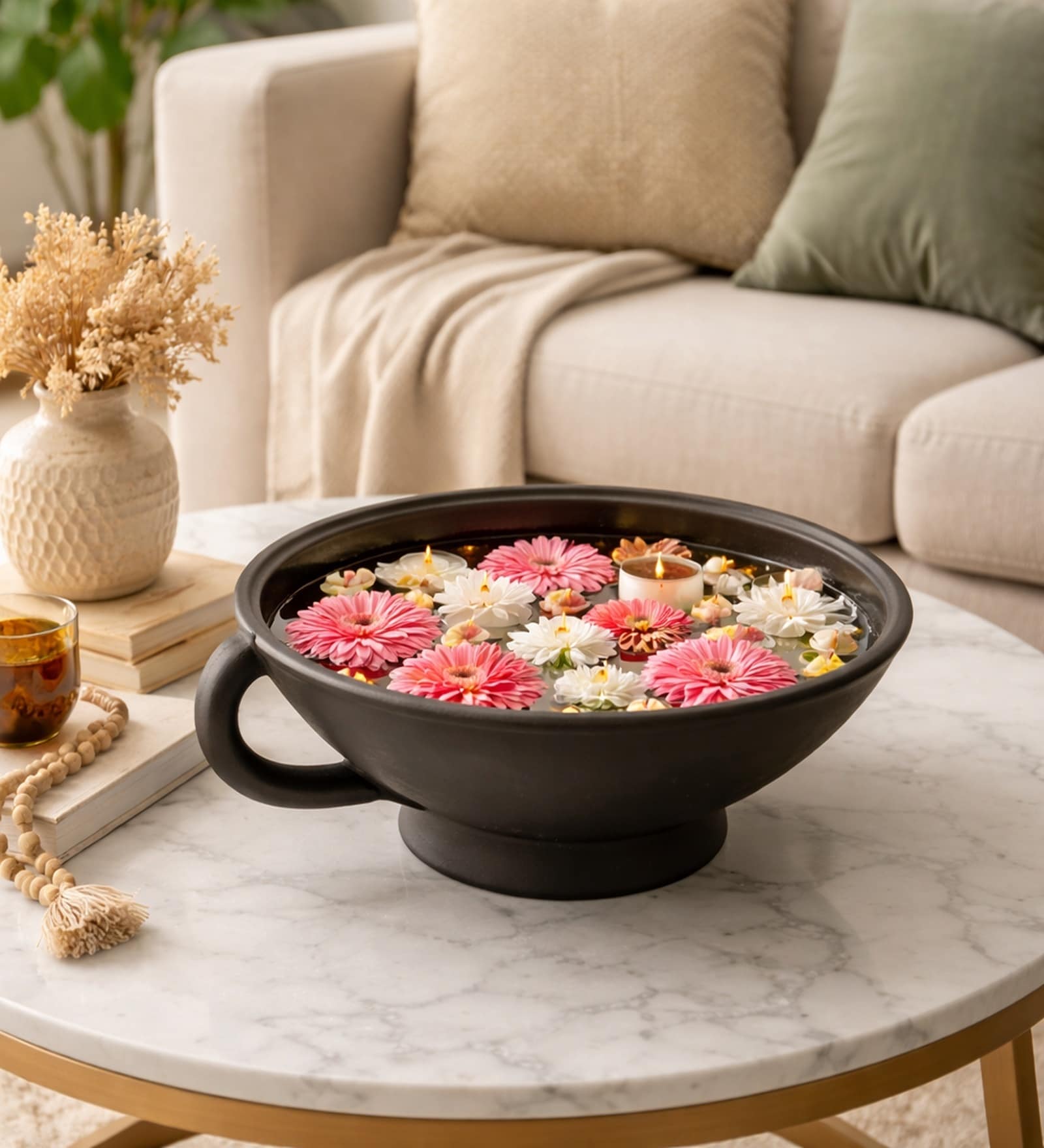 Black Charcoal Urli Bowl for Floating Candles & Flowers Elegant Centerpiece
