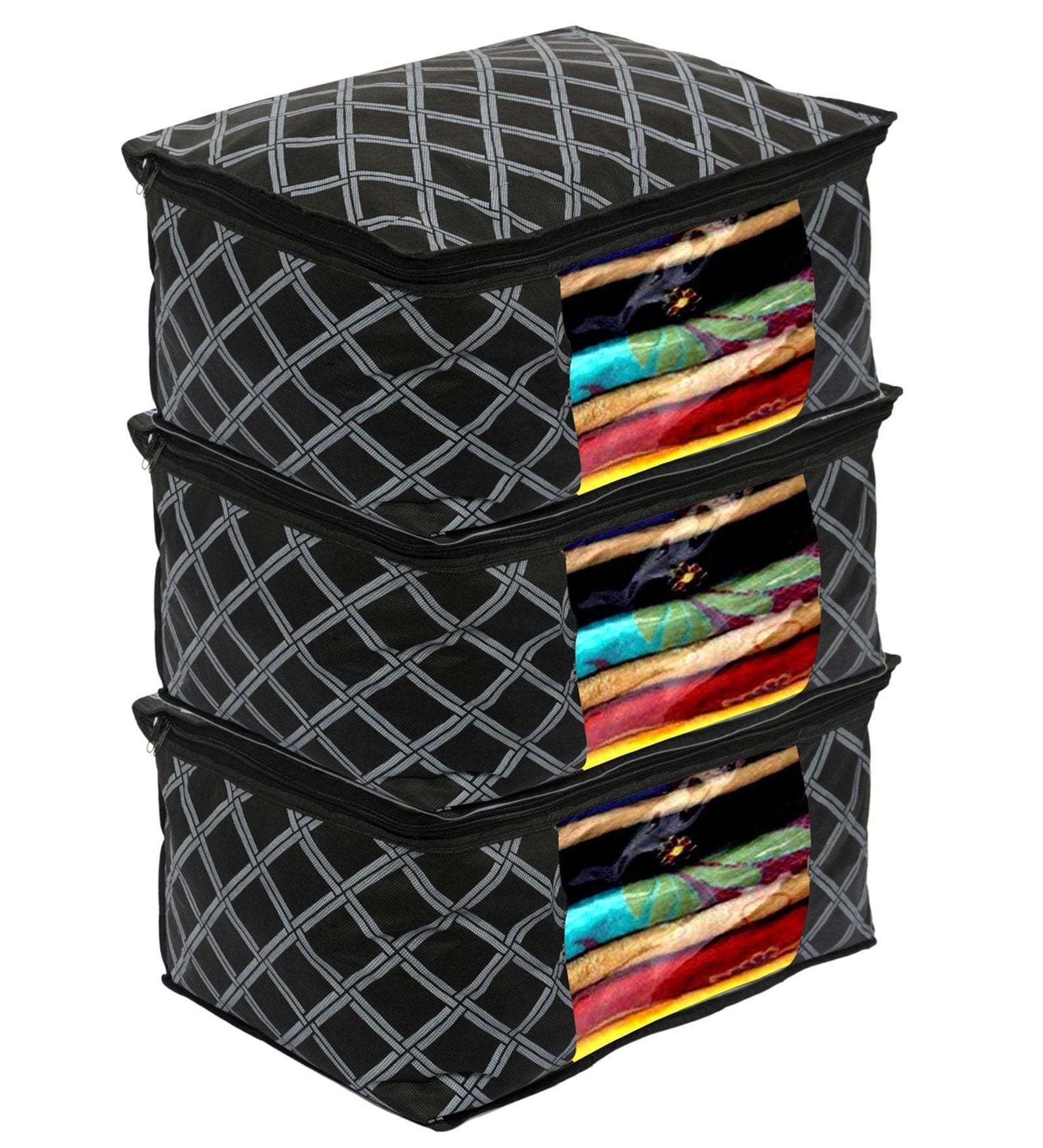 Black Checkered Non Woven Foldable Underbed Organizer (Set Of 3)
