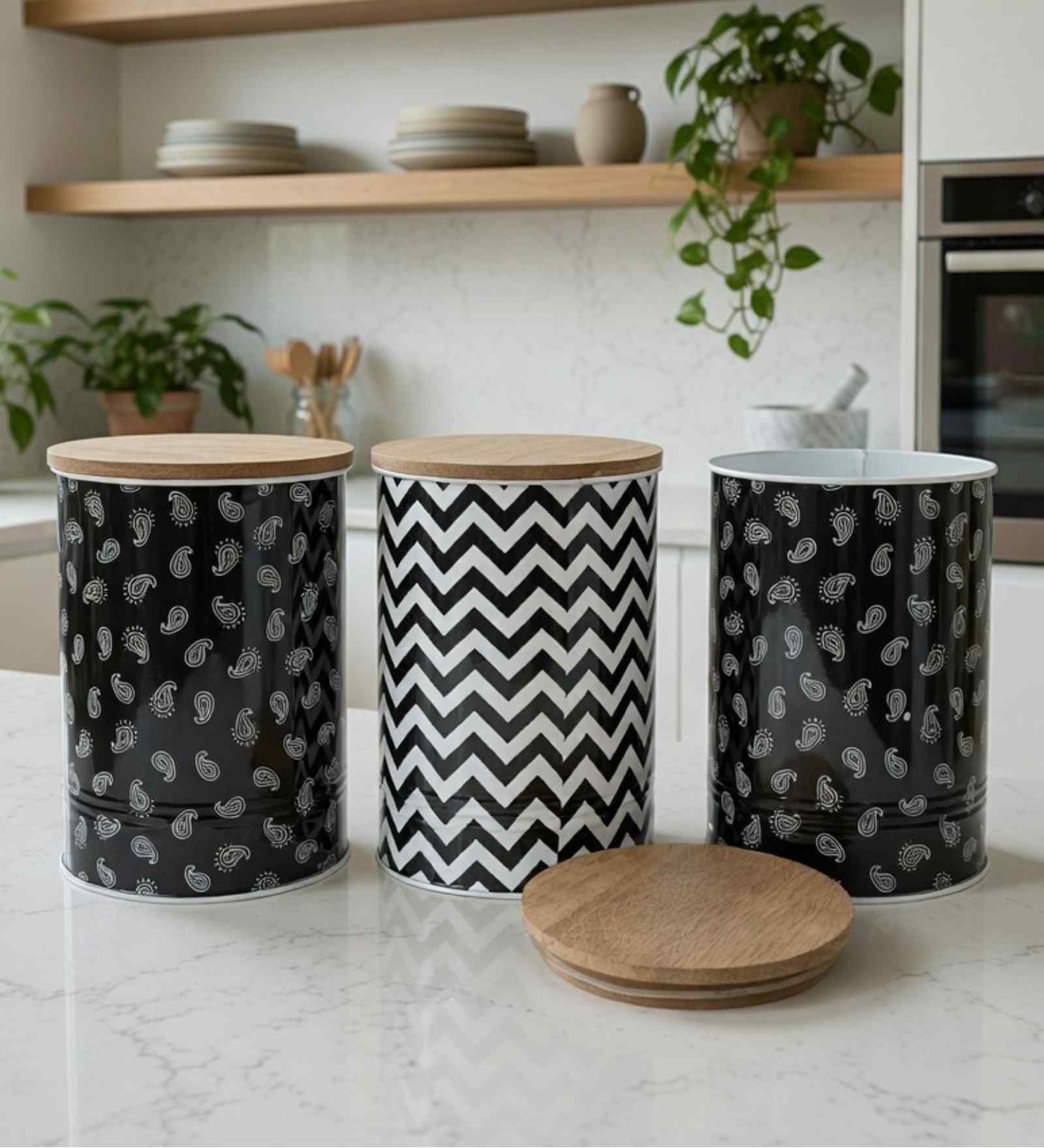 Black Chevron & Paisley Printed Metal Airtight Containers Set Of 3