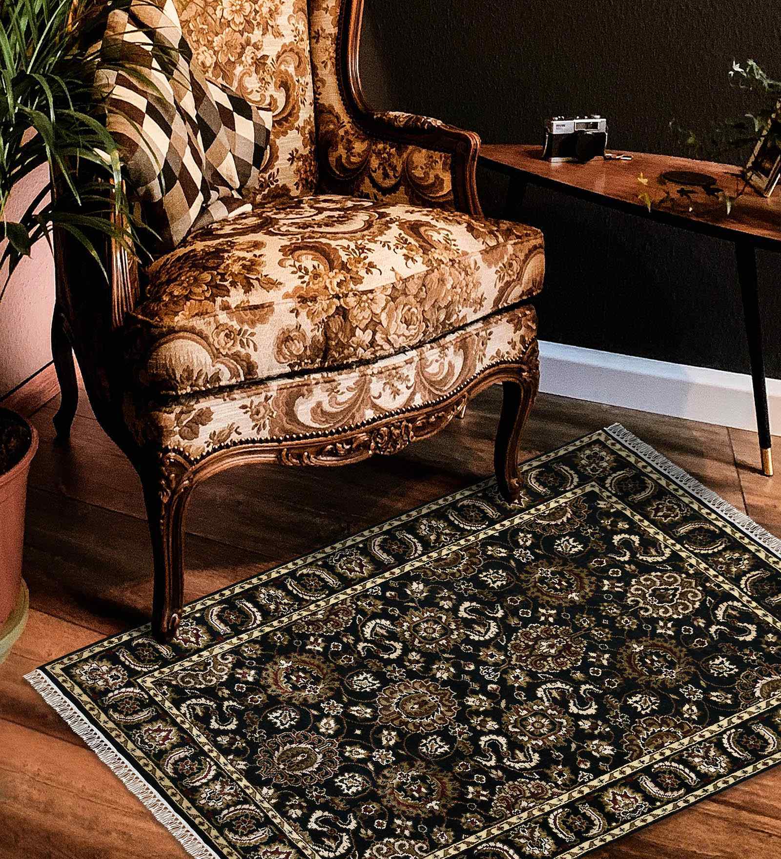 Black Persian Wool & Viscose 2x3 Feet Handmade  Dhurrie