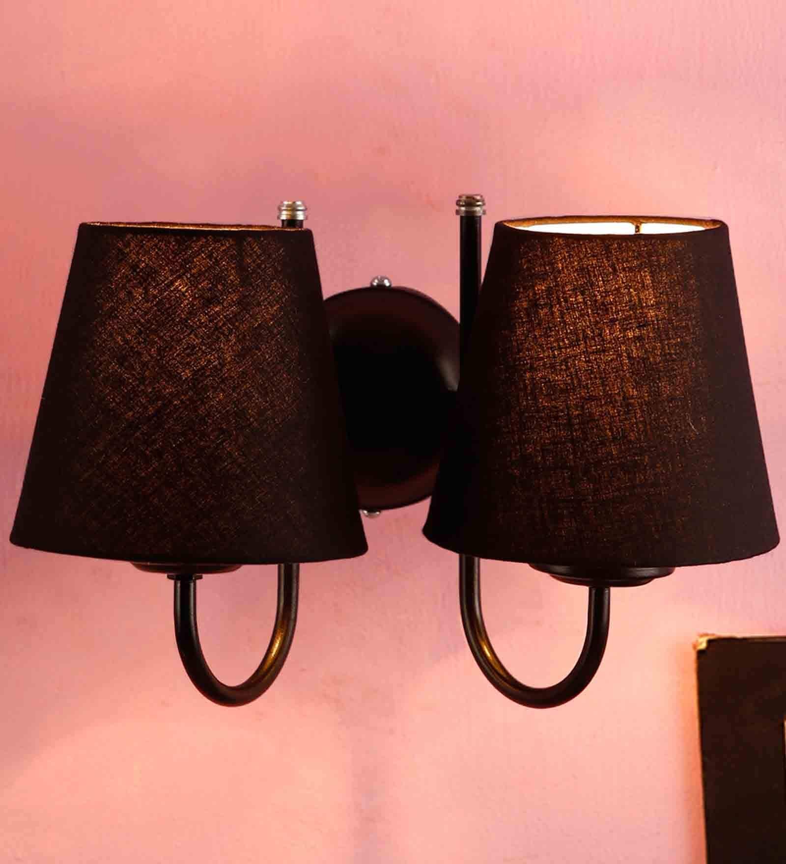 Black conical  cotton Double wall mounted lamp with Black Base