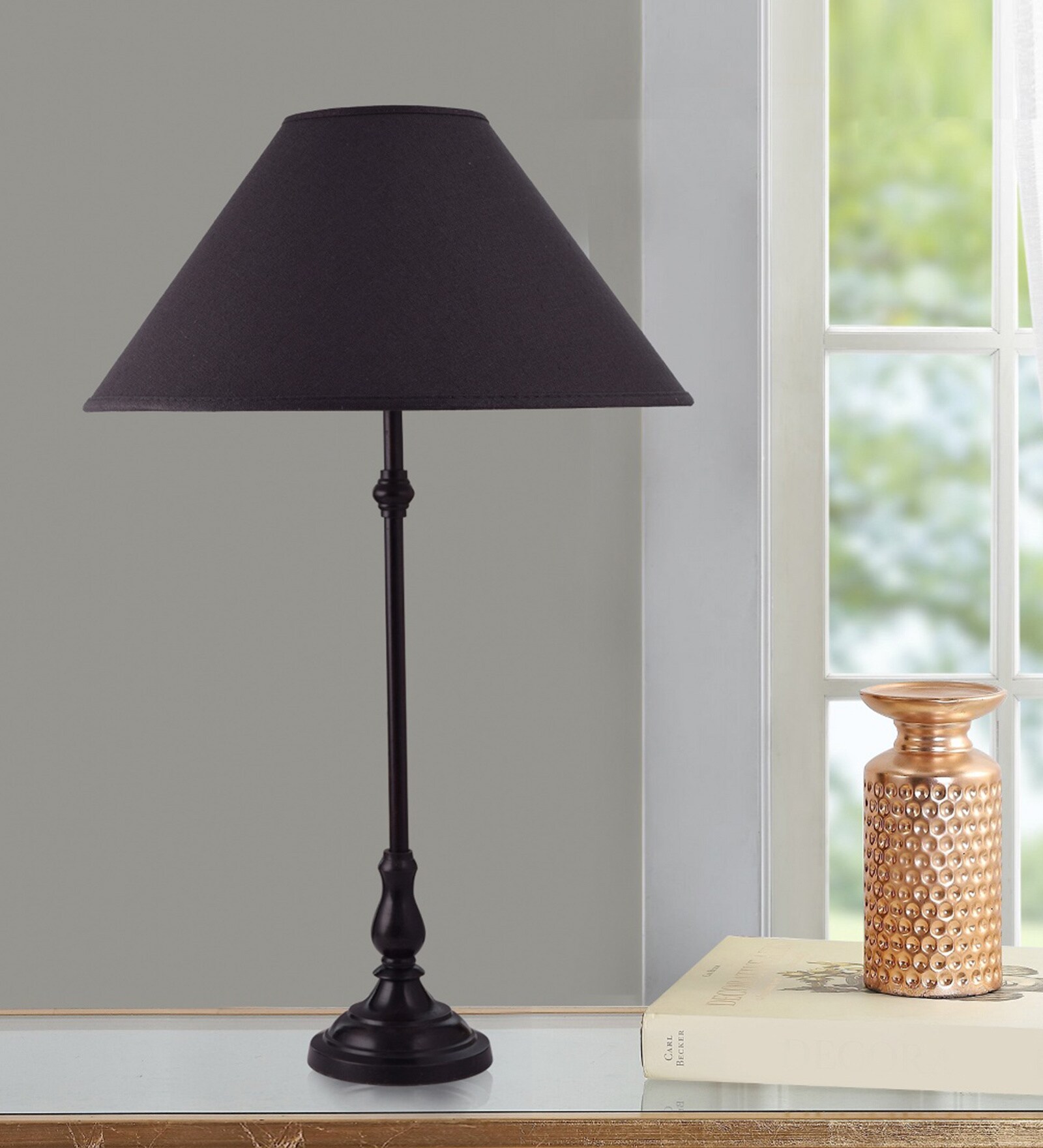 Designer Black Cottan Fabric Shade Night Lamp With Mild Steel Base