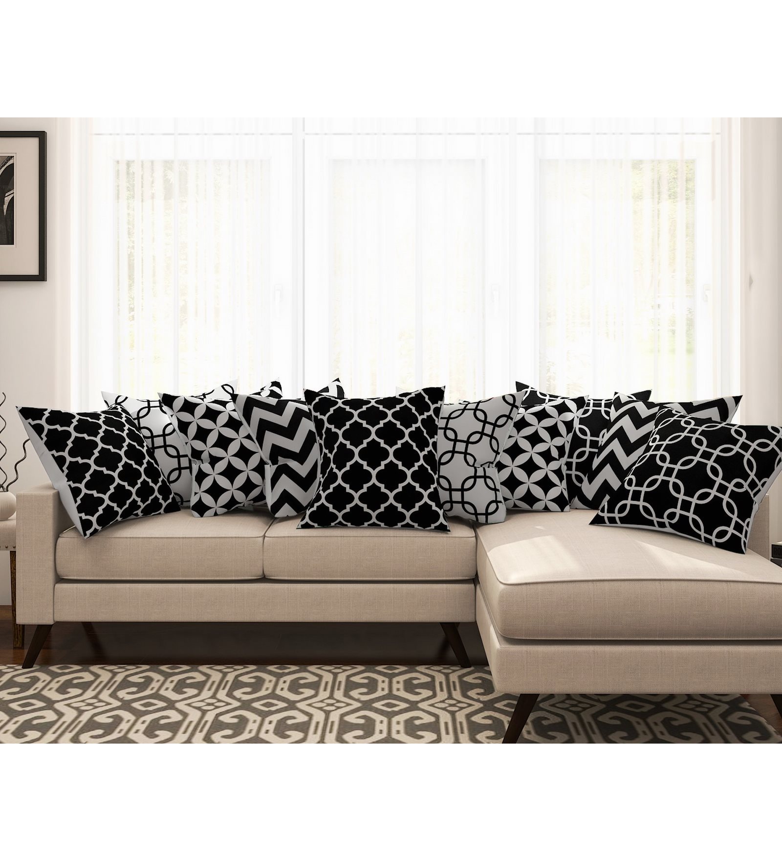 Black Geometric Cotton 16 x 16 Inches Cushion Covers (Set of 10)