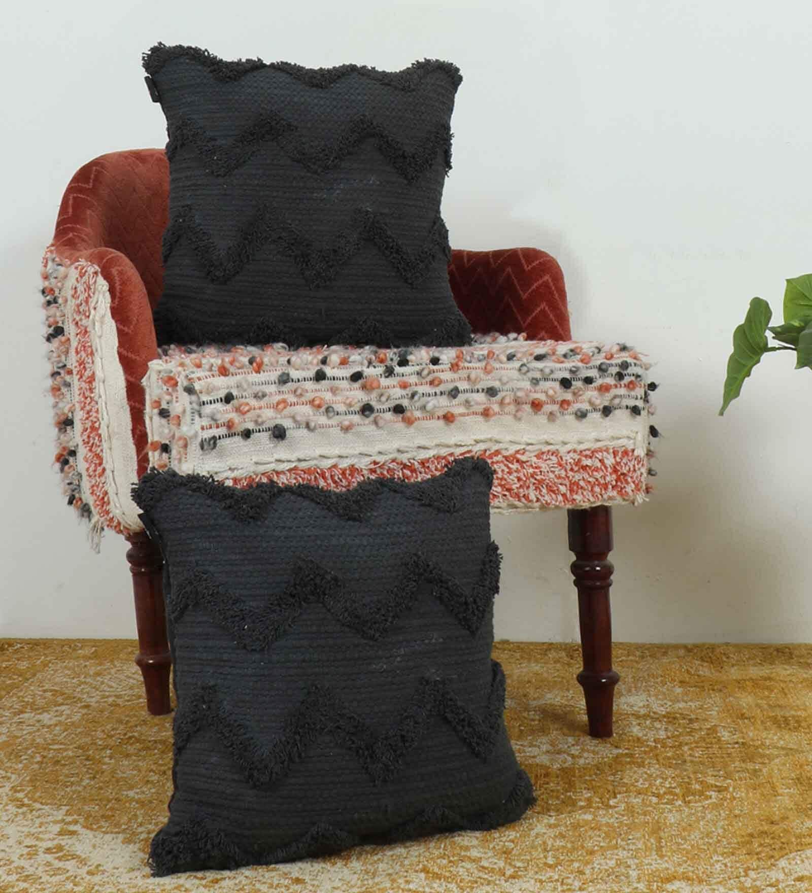 Black Woven Cotton 16 x 16 Inches Cushion Covers (Pack of 2)