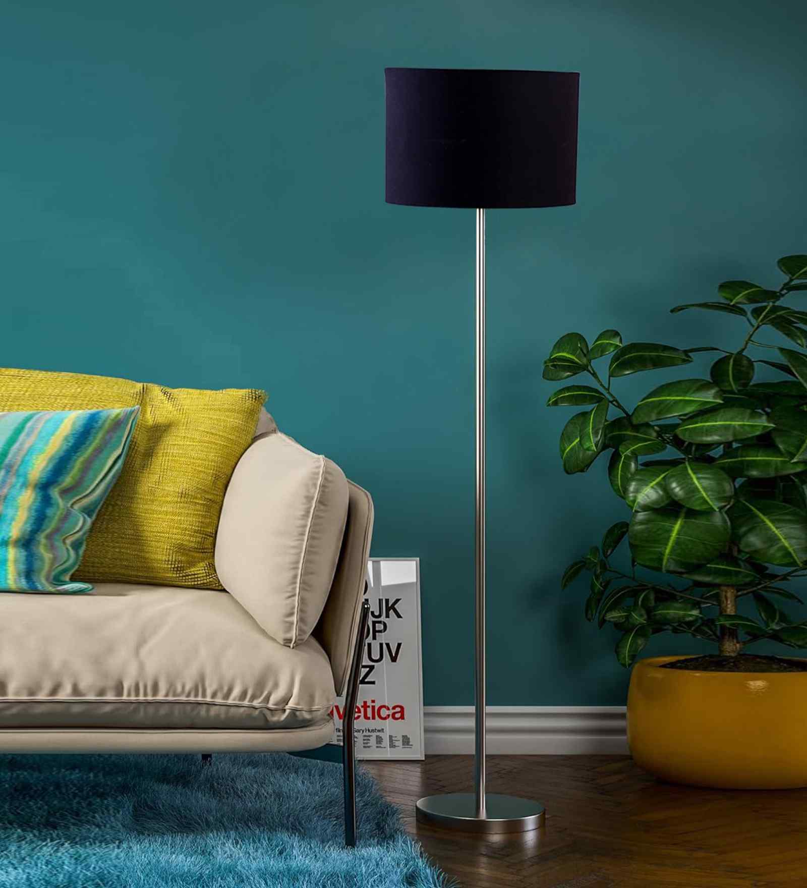 Black Cotton Drum Shade Steel Floor Lamp Steel Base