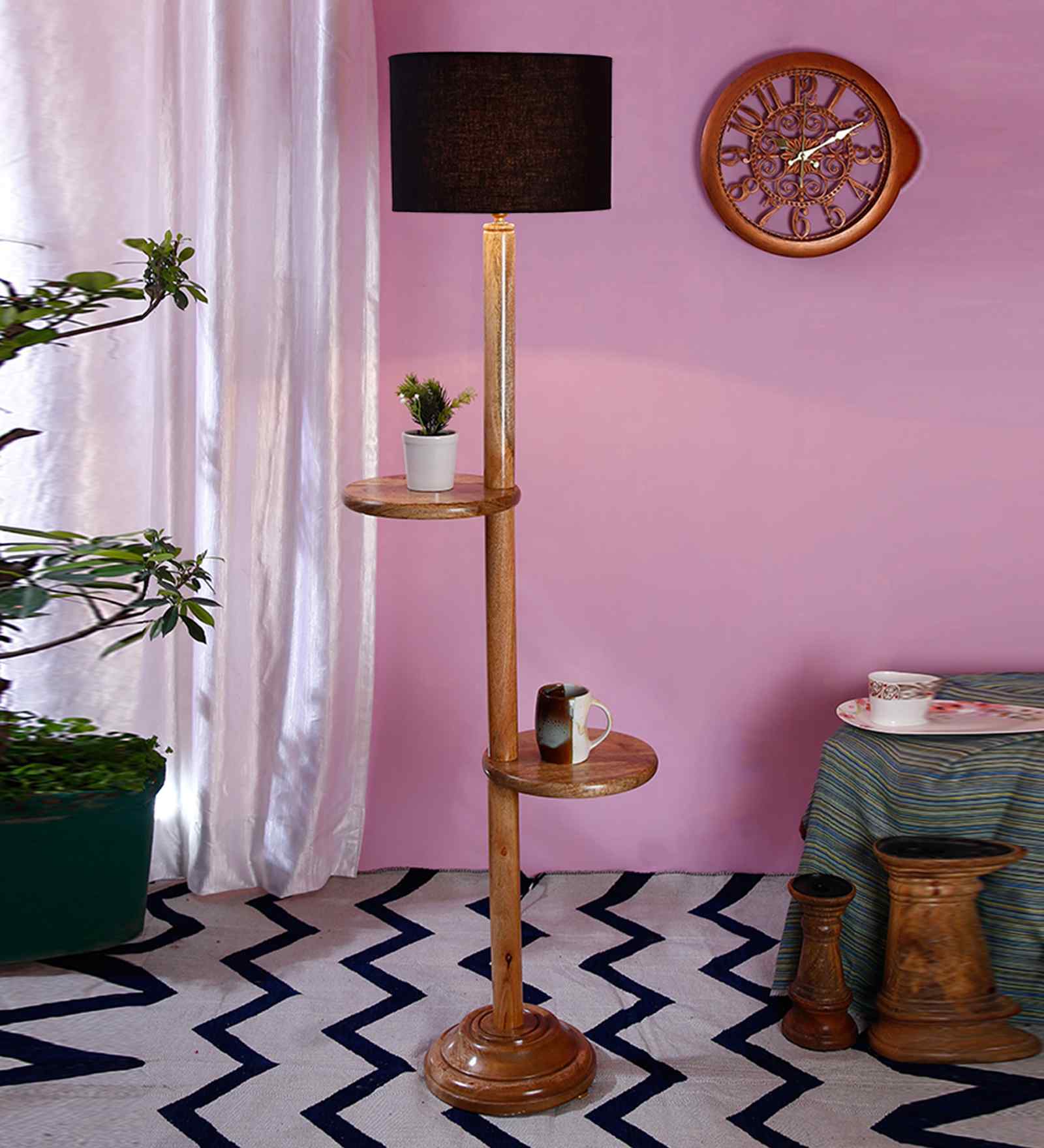 Black Cotton Drum Wooden Floor Lamp