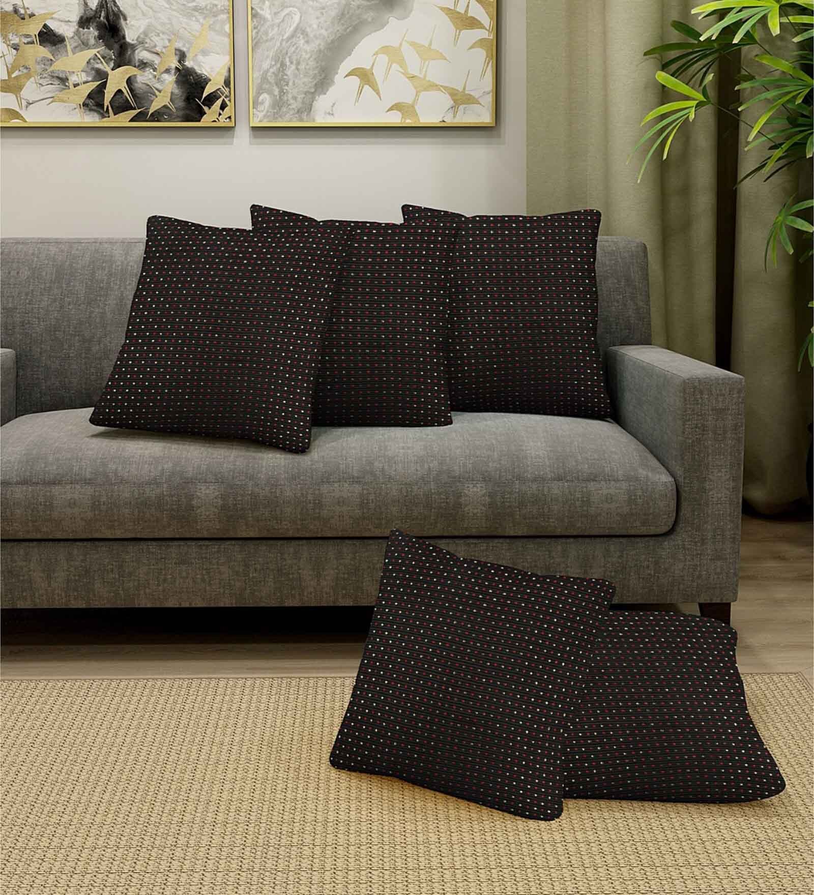 Black Cotton Embellished 16 x16 inch Set of 5 Cushion Covers