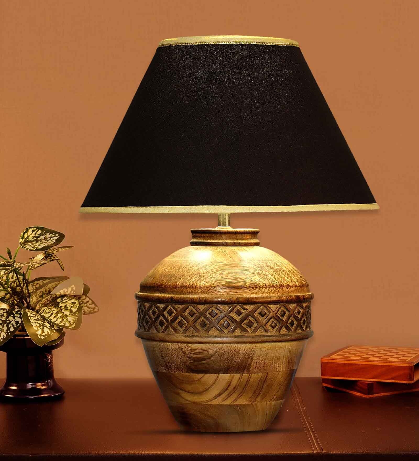 Hobart Black Cotton Shade Table Lamp With Wood Base