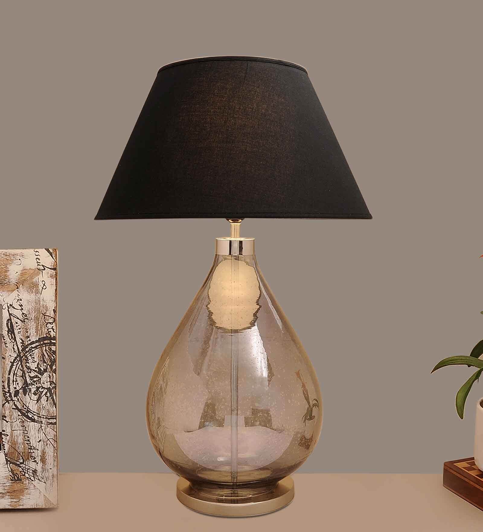 Albany Black Cotton Shade Night Lamp With Metal & Glass Base