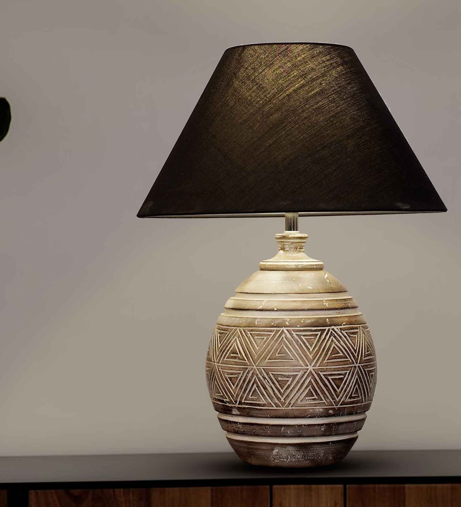 Black Cotton Fabric Shade Lavery mini natural carved wood table lamp with White Base