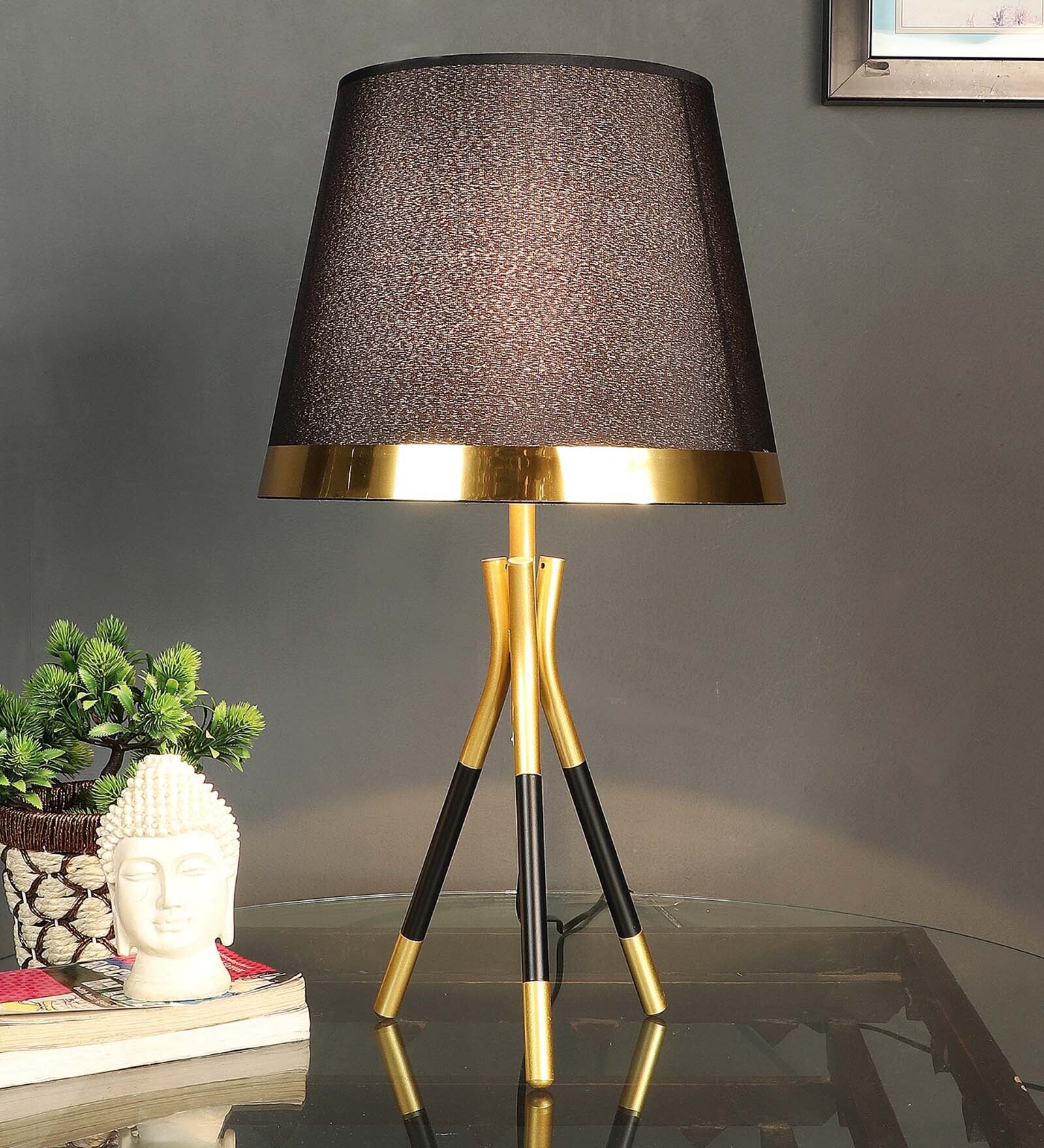 Black Cotton Fabric Shade Table Lamp With Metal Base