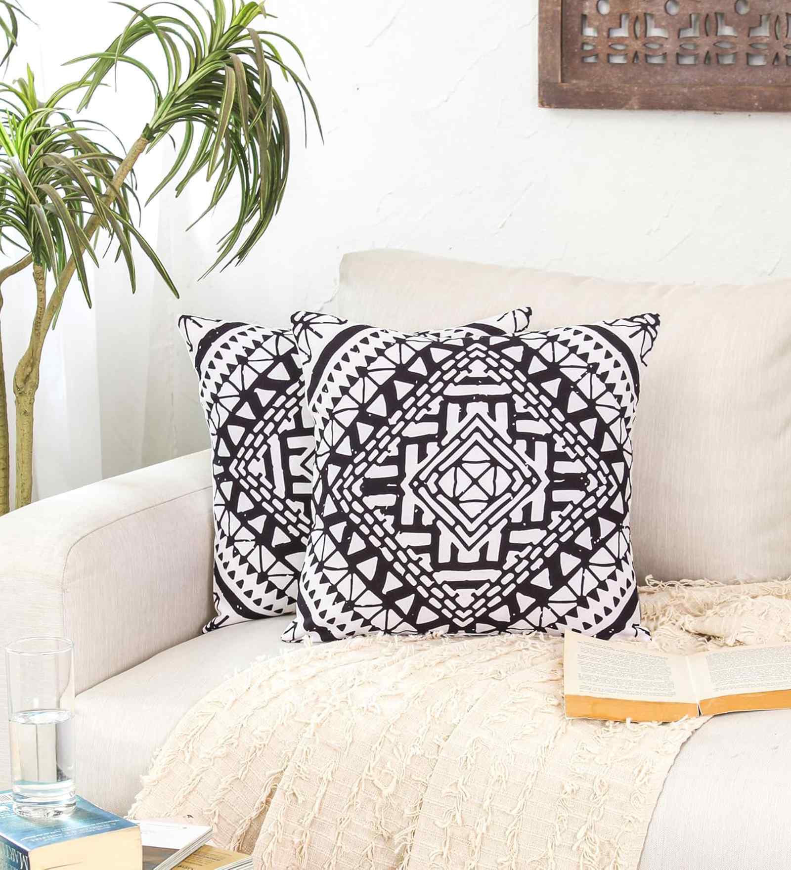 Black Cotton Geometric 16x16 inches Cushion Cover Set of 2