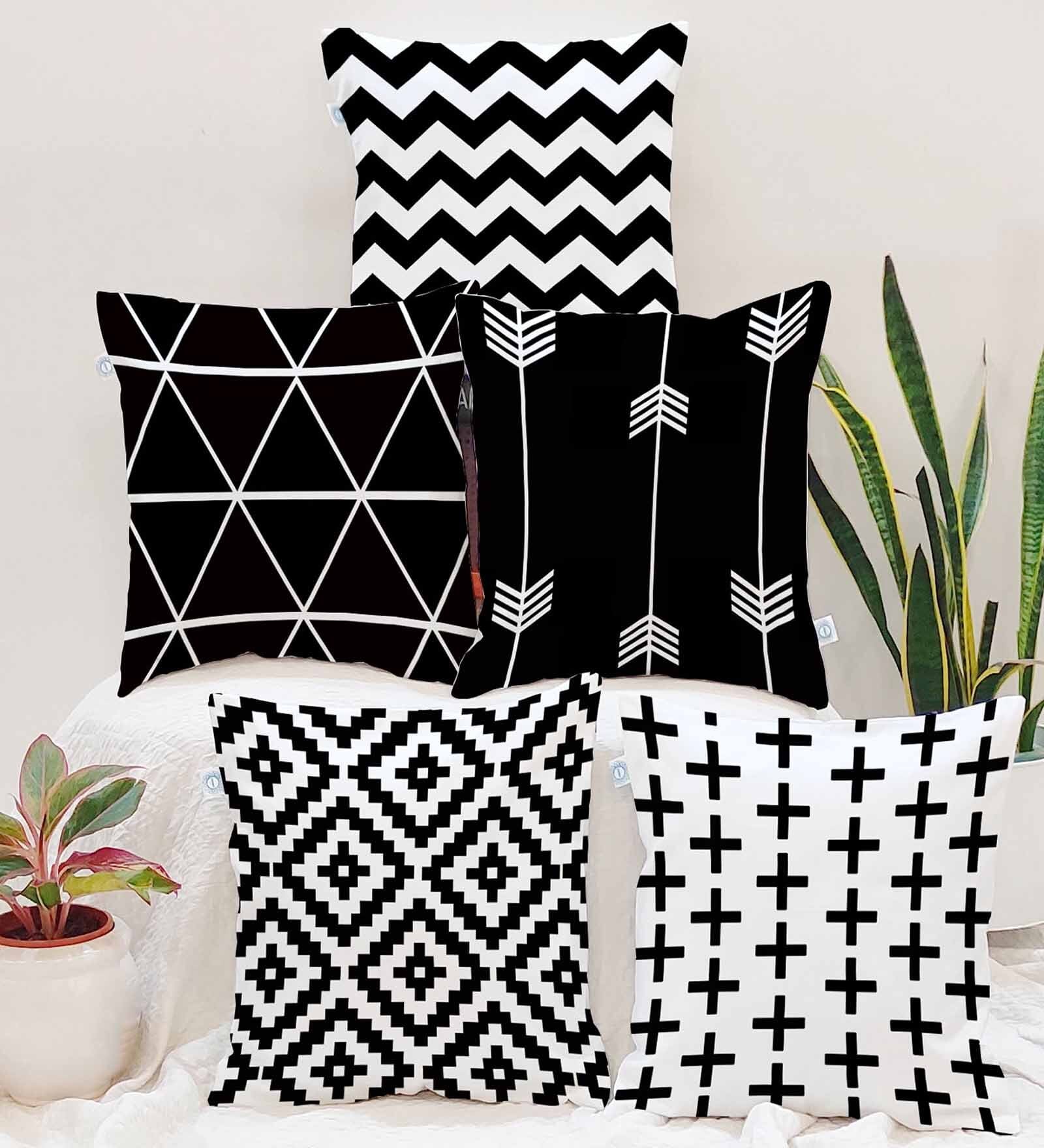 Black Cotton Geometric 16x16 inches Cushion Covers (Pack of 5)