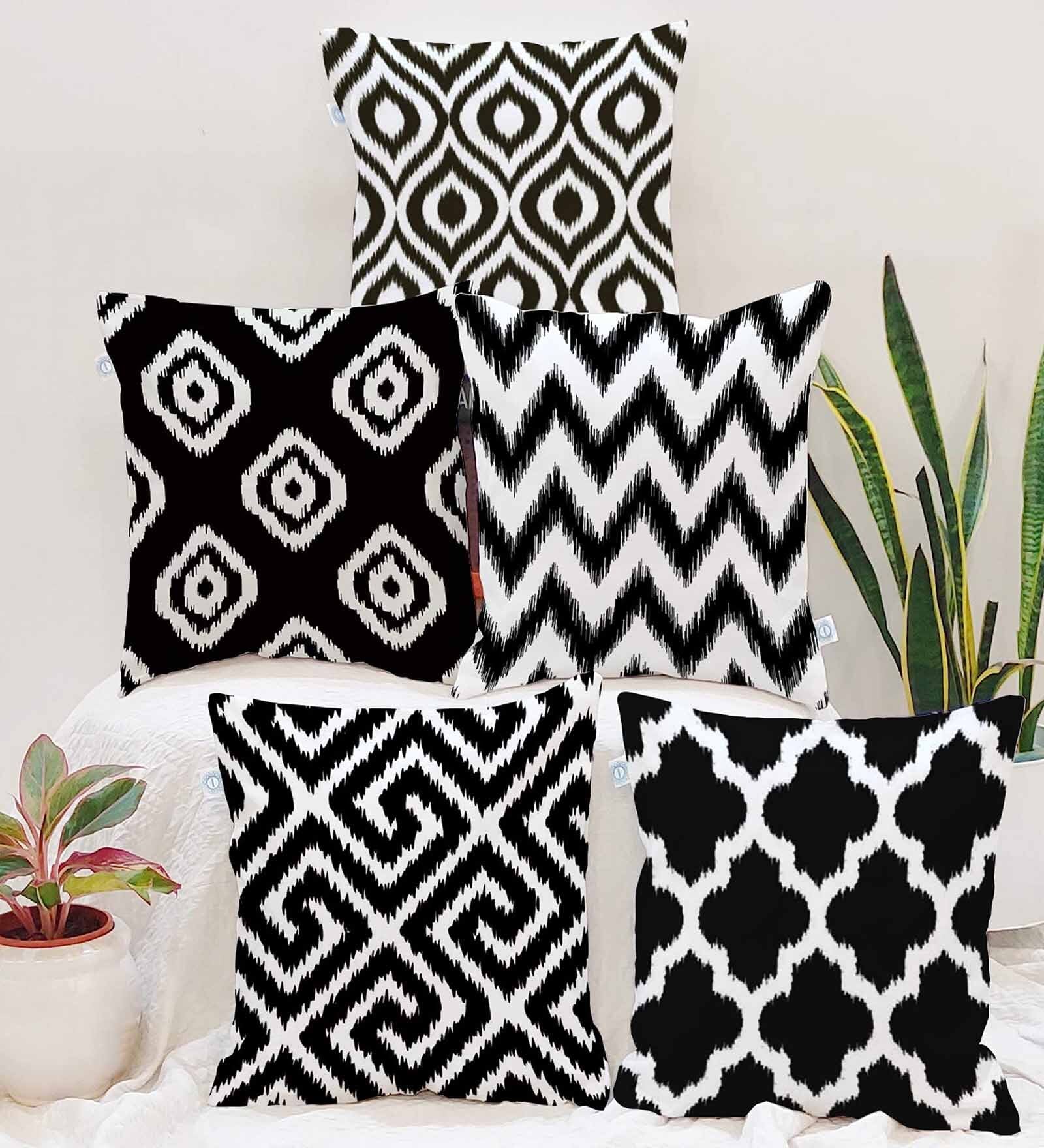 Black Cotton Geometric 16x16 inches Cushion Covers (Pack of 5)