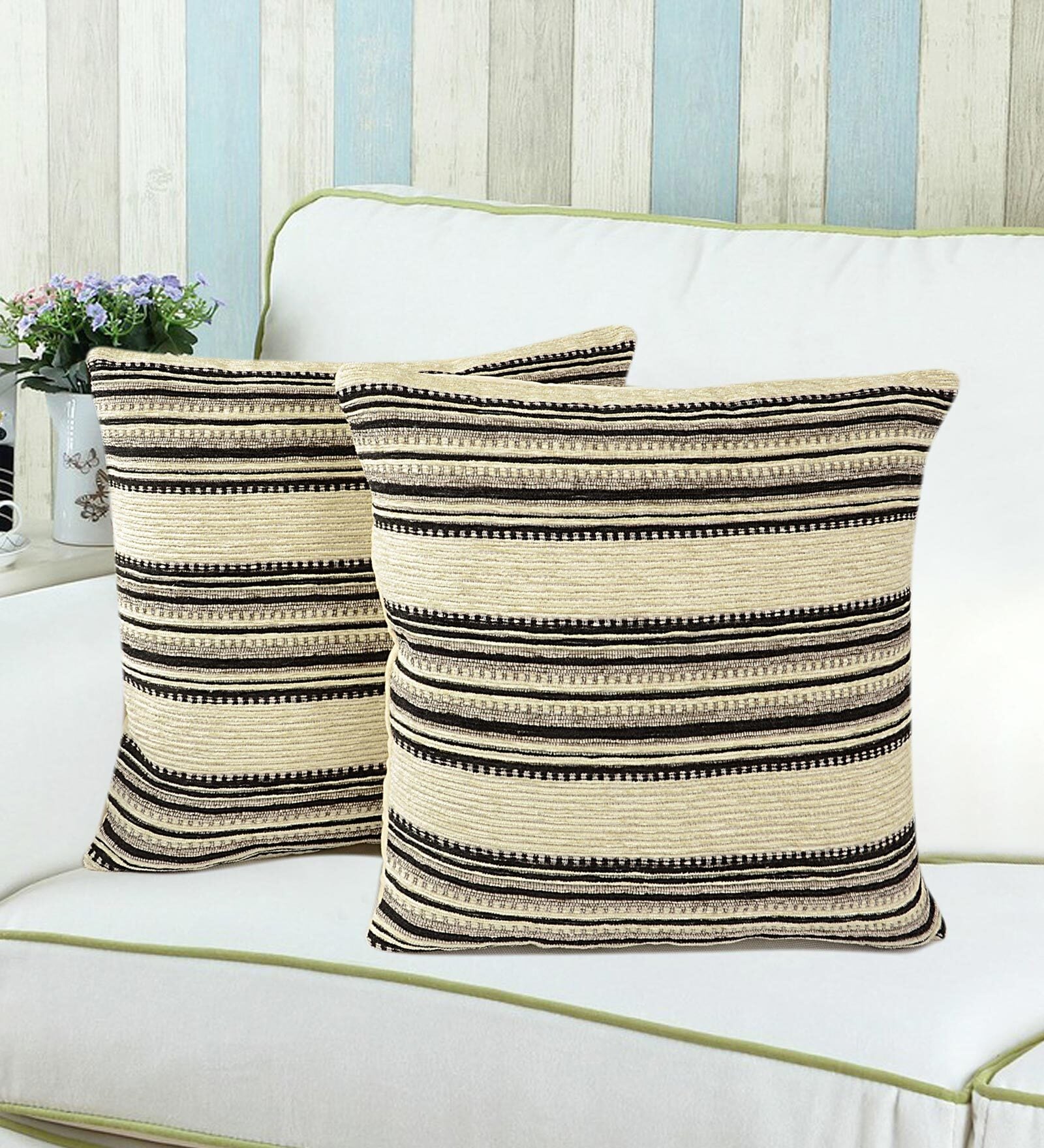Black Striped Cotton 16 x 16 Inches Cushion Covers (Set of 2)