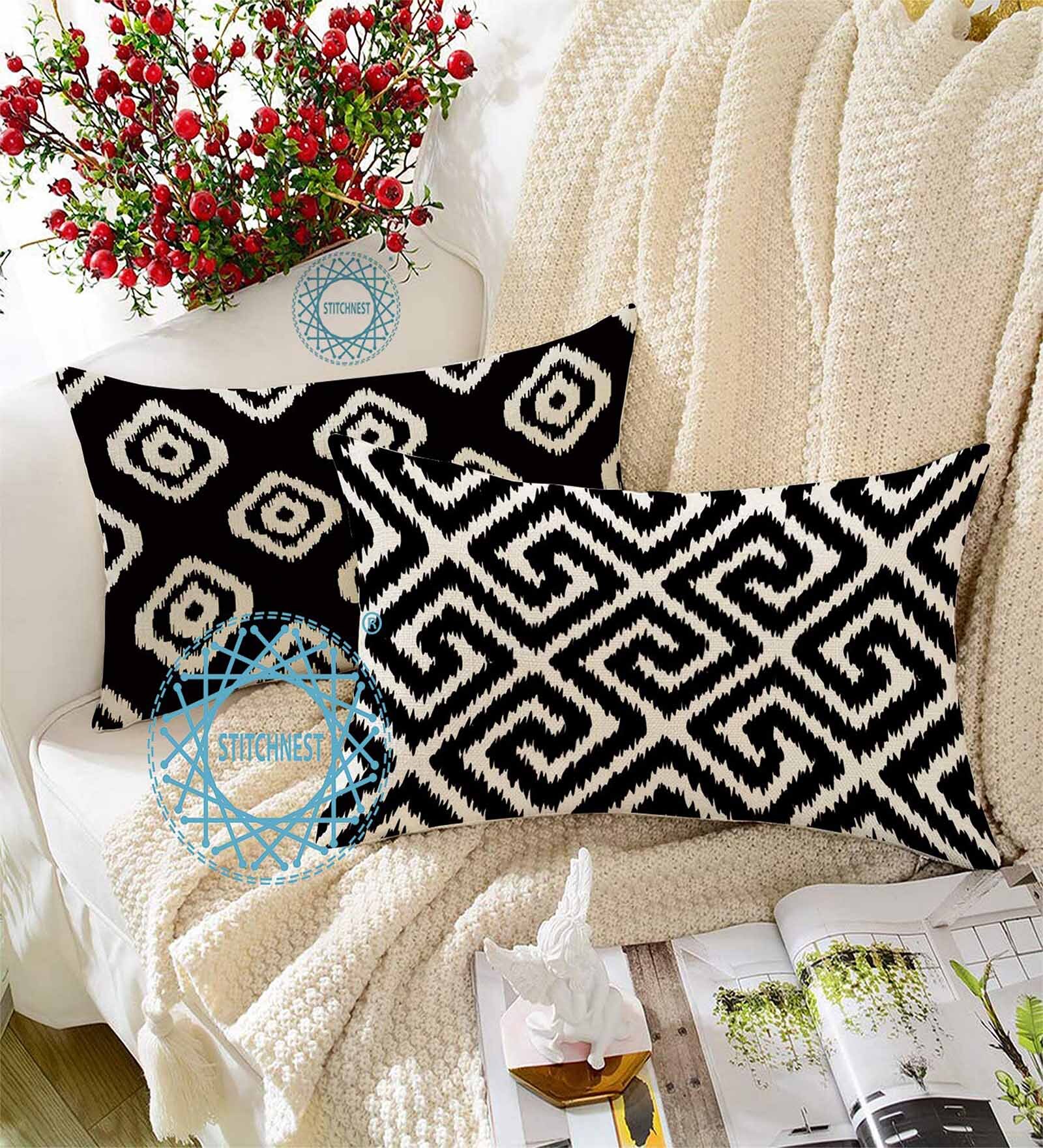 Black Cotton Geometric 18x12 inches Cushion Covers (Pack of 2)