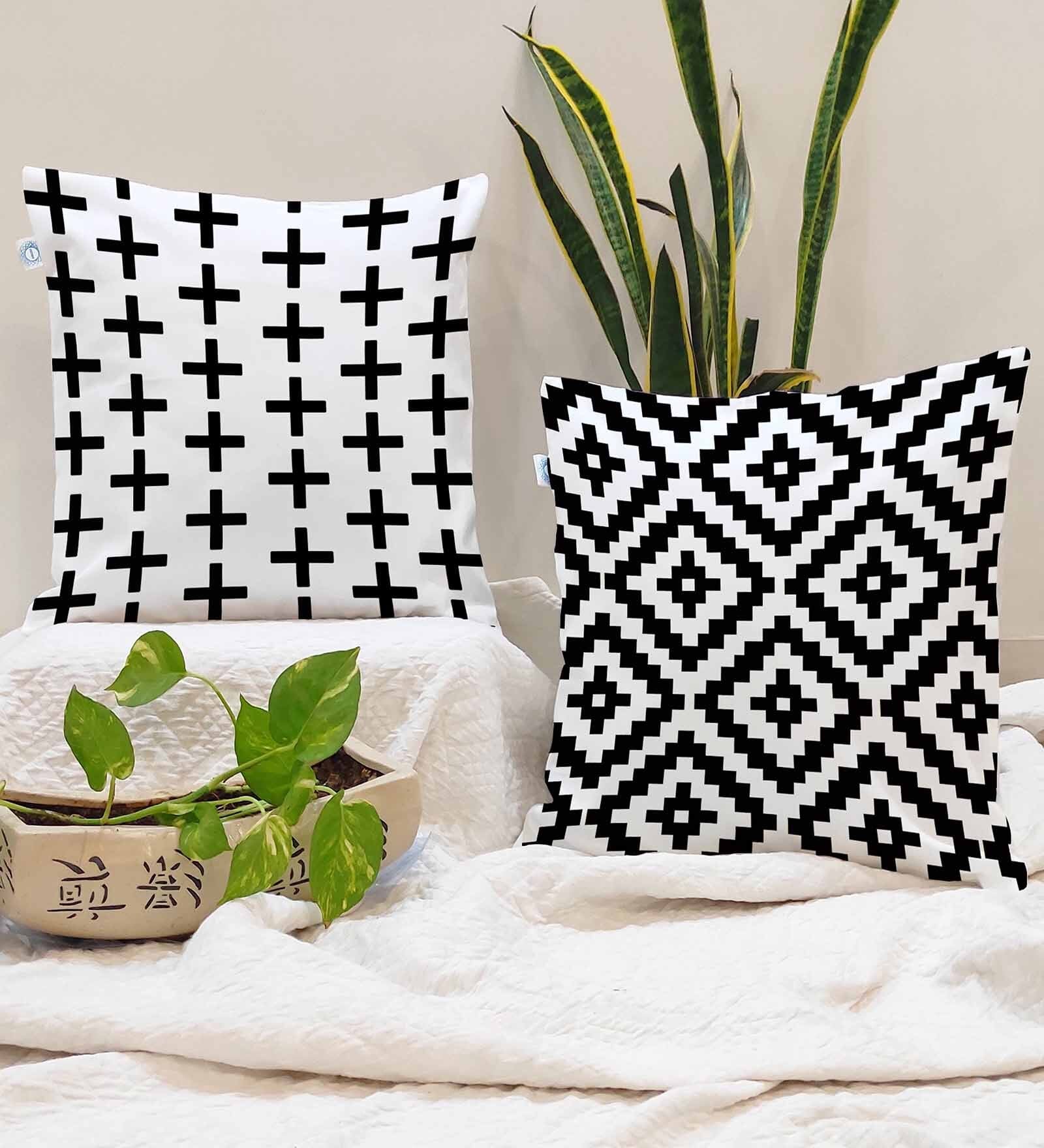 Black Cotton Geometric 24x24 inches Cushion Covers (Pack of 2)
