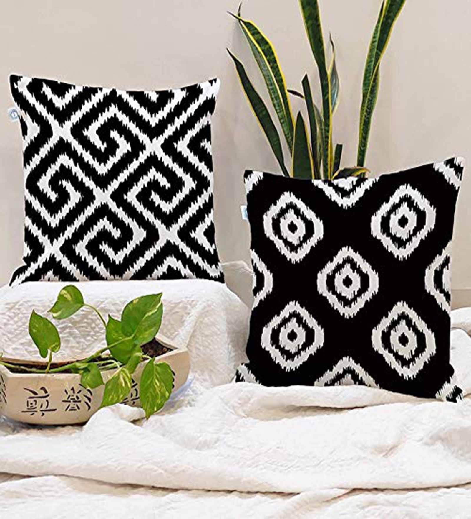 Black Cotton Geometric 24x24 inches Cushion Covers (Pack of 2)