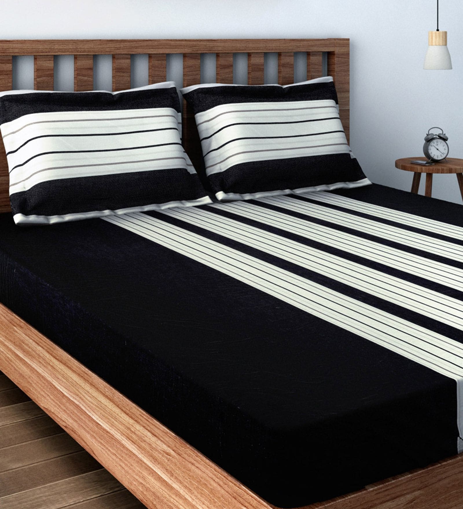 Black and White Cotton Striped 180TC Fitted Queen Bedsheet with 2 Pillow Covers