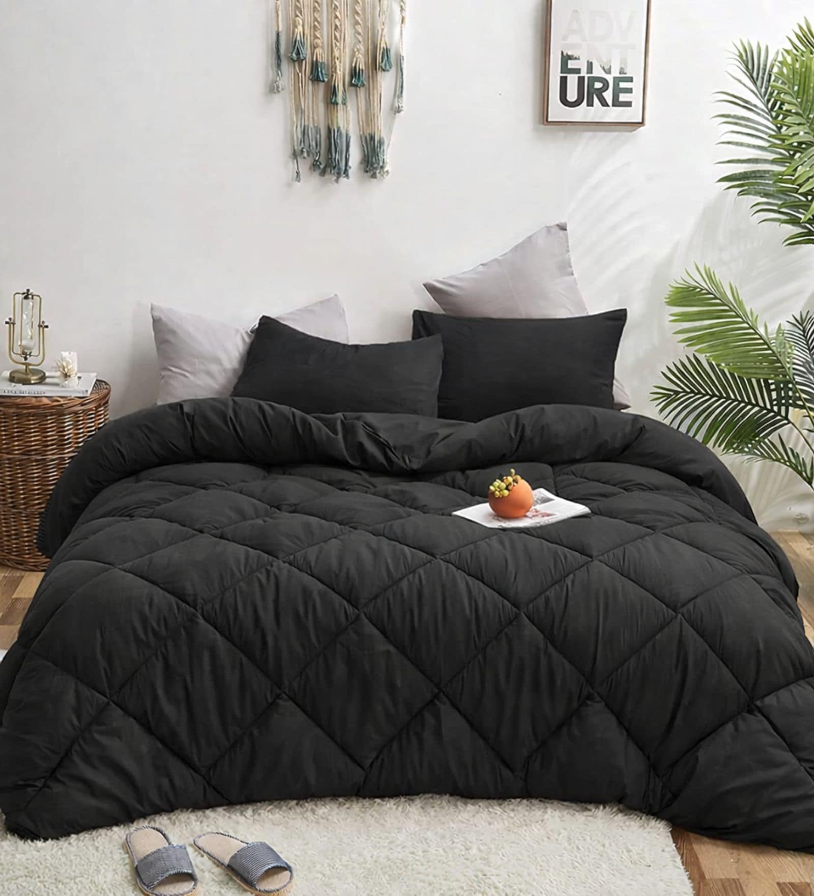 Black Cotton 210TC Solid Plain All Weather Double 150GSM Bedding Set 1 Comforter 1 Bedsheet 2 Pillow Covers