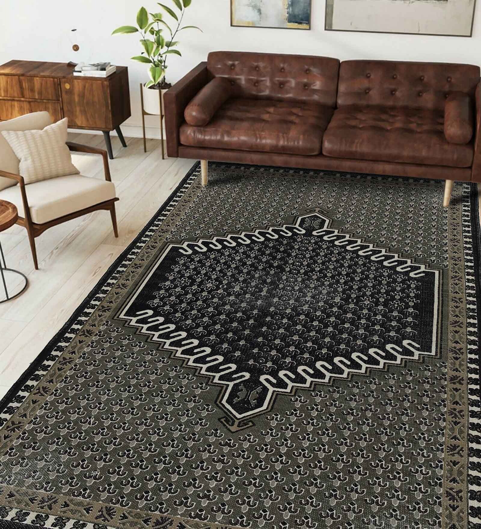 Black Cotton Screen Printed Hand Woven 5 x 3 Feet Dhurrie