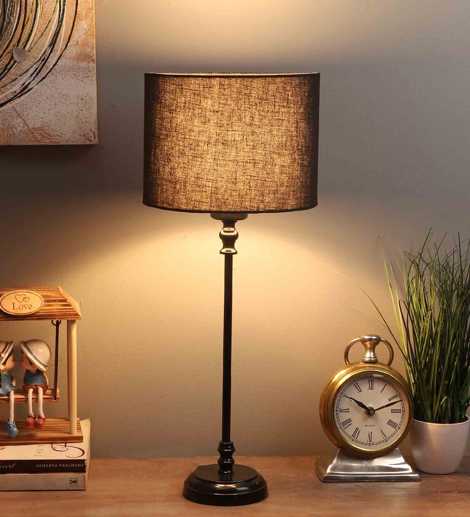 Buy Black Cotton Shade Table Lamp With Black Base By Pristine Interiors