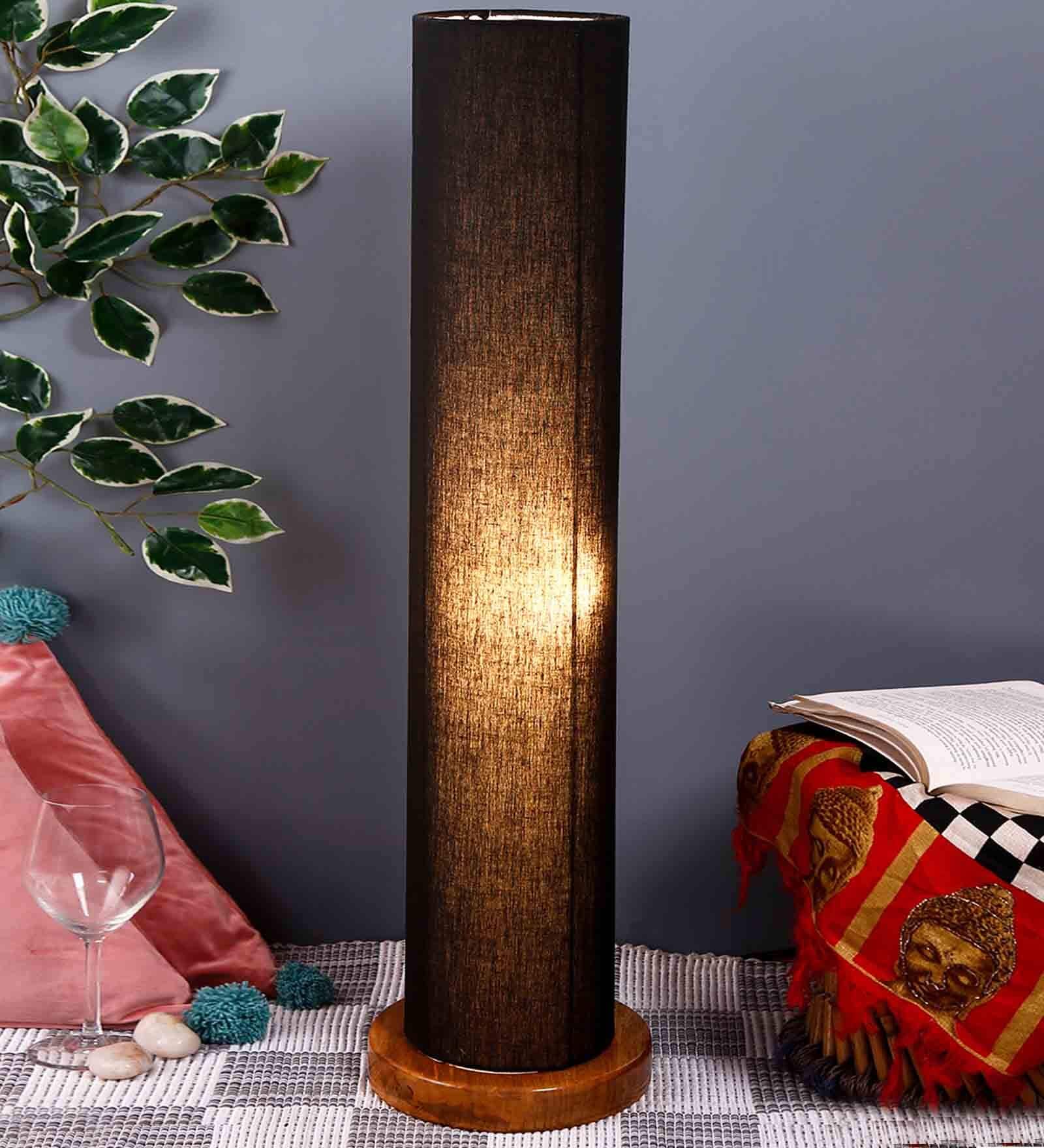 Lehr Black Cotton Shade Column Floor Lamp With Wood Base